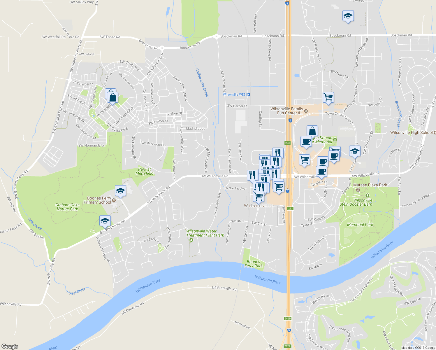 map of restaurants, bars, coffee shops, grocery stores, and more near 10081-10099 Southwest Wilsonville Road in Wilsonville