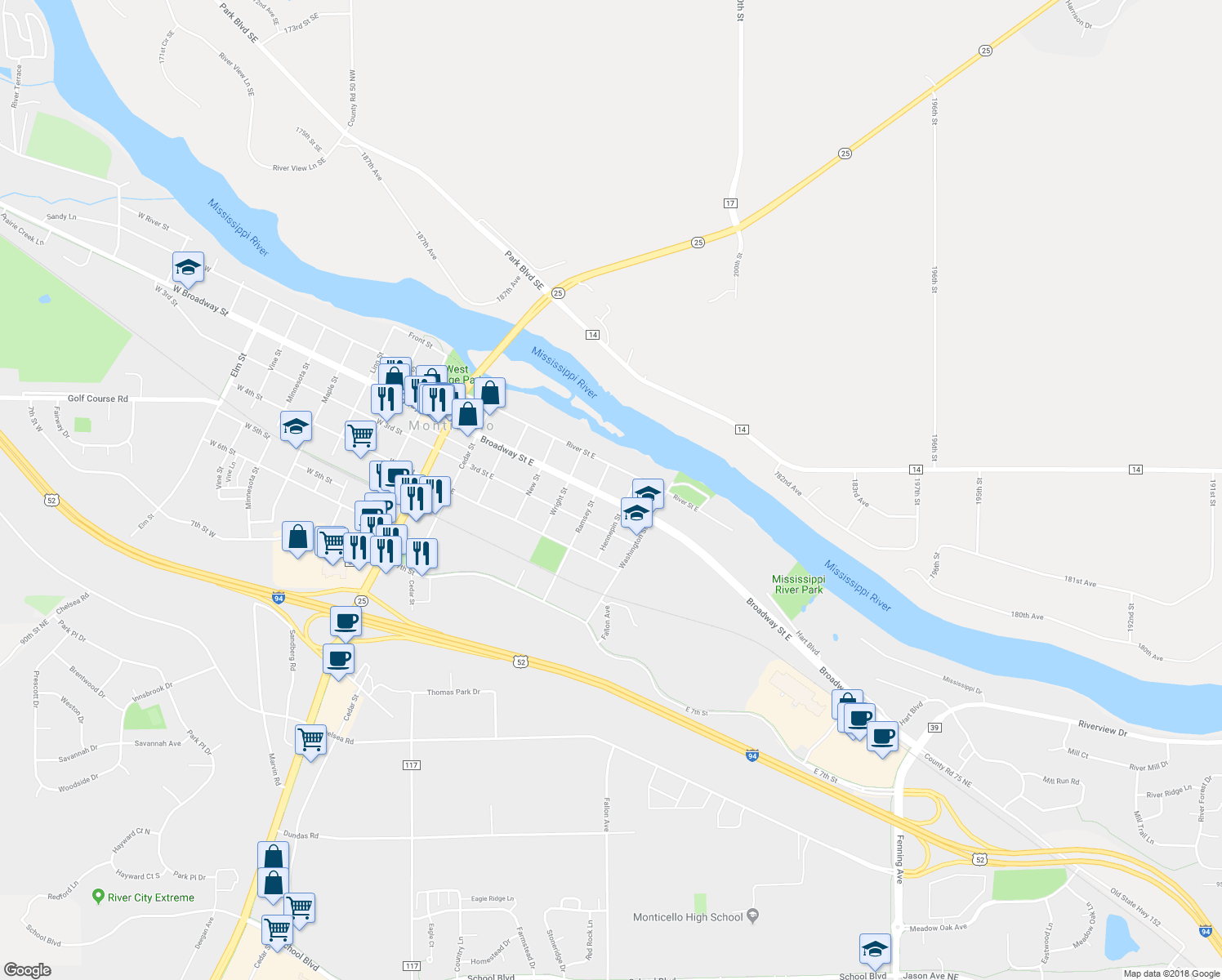 map of restaurants, bars, coffee shops, grocery stores, and more near 613 Broadway Street East in Monticello