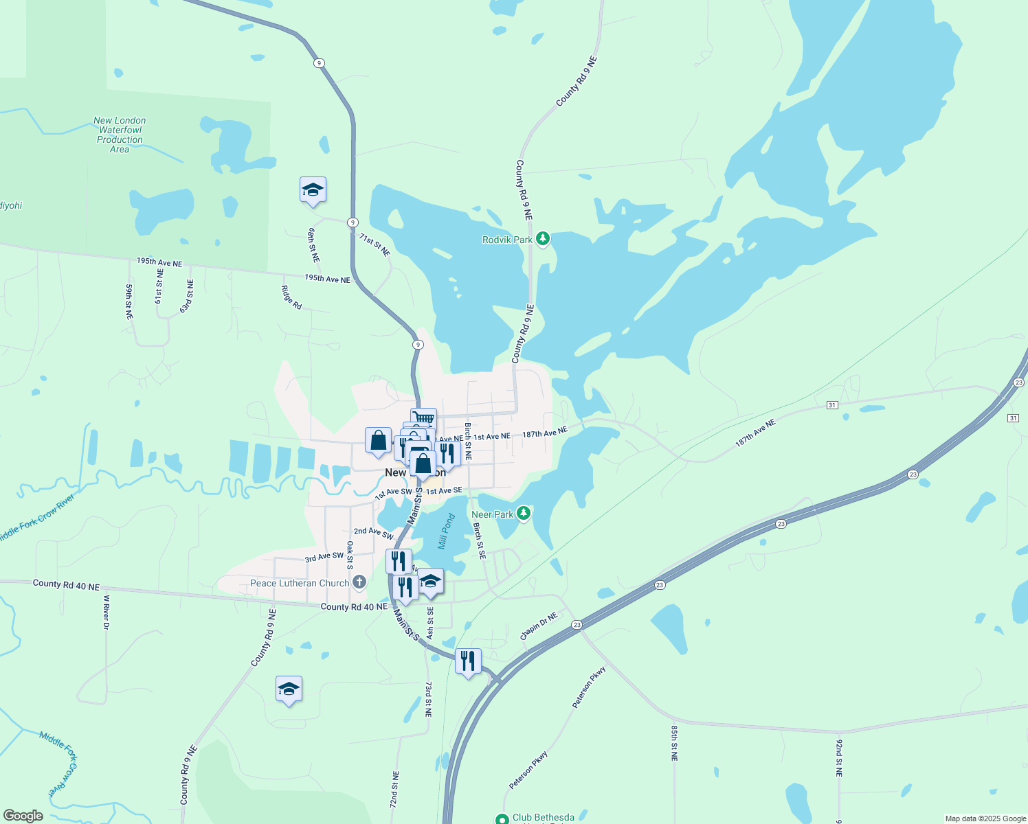 map of restaurants, bars, coffee shops, grocery stores, and more near 217 Dogwood Street Northeast in New London