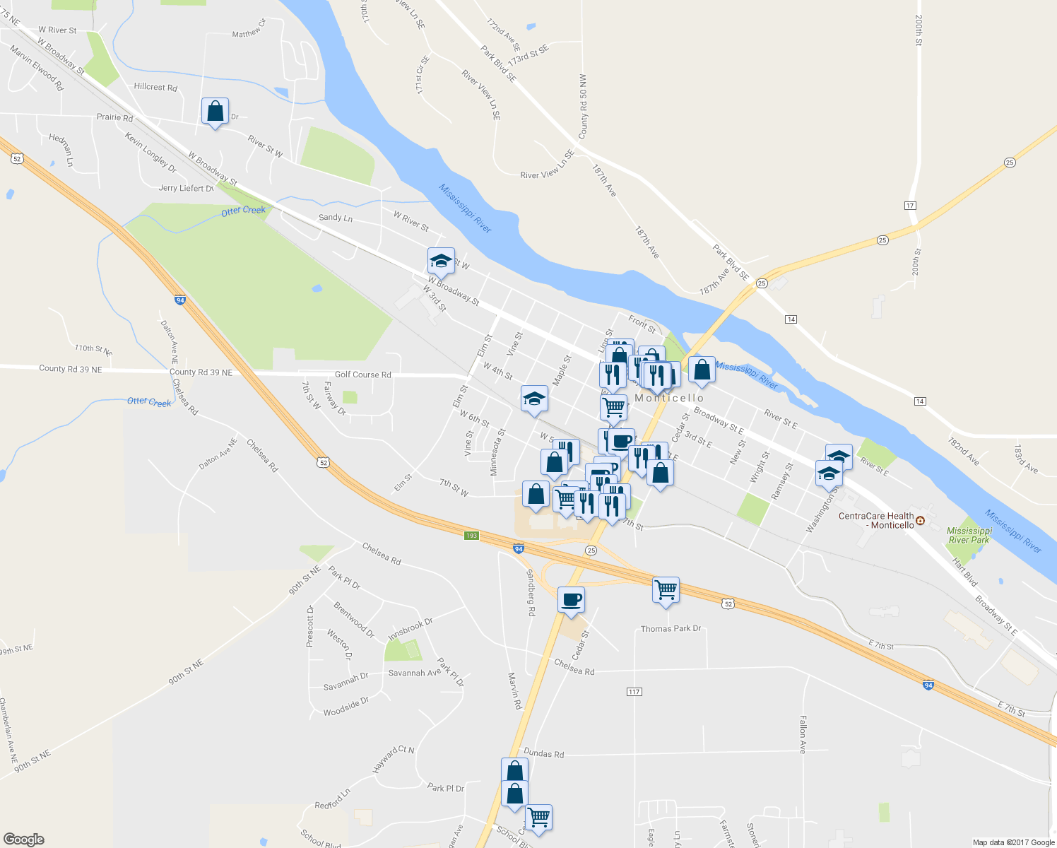 map of restaurants, bars, coffee shops, grocery stores, and more near 503 Maple Street in Monticello