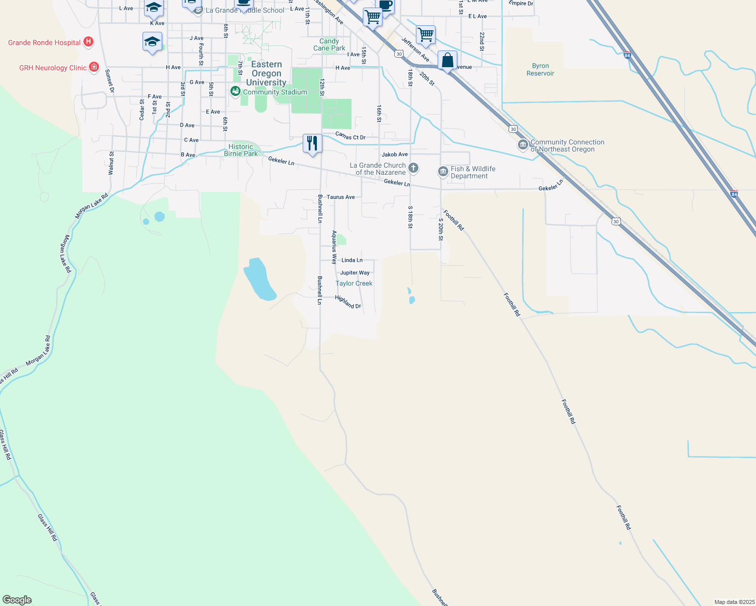 map of restaurants, bars, coffee shops, grocery stores, and more near 803 Hillcrest Drive in La Grande