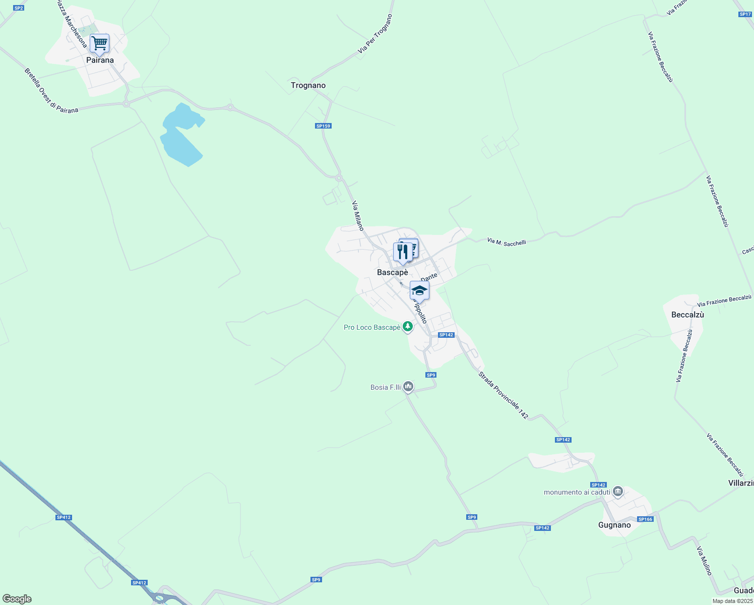 map of restaurants, bars, coffee shops, grocery stores, and more near 15 Via Enrico Mattei in Bascapè