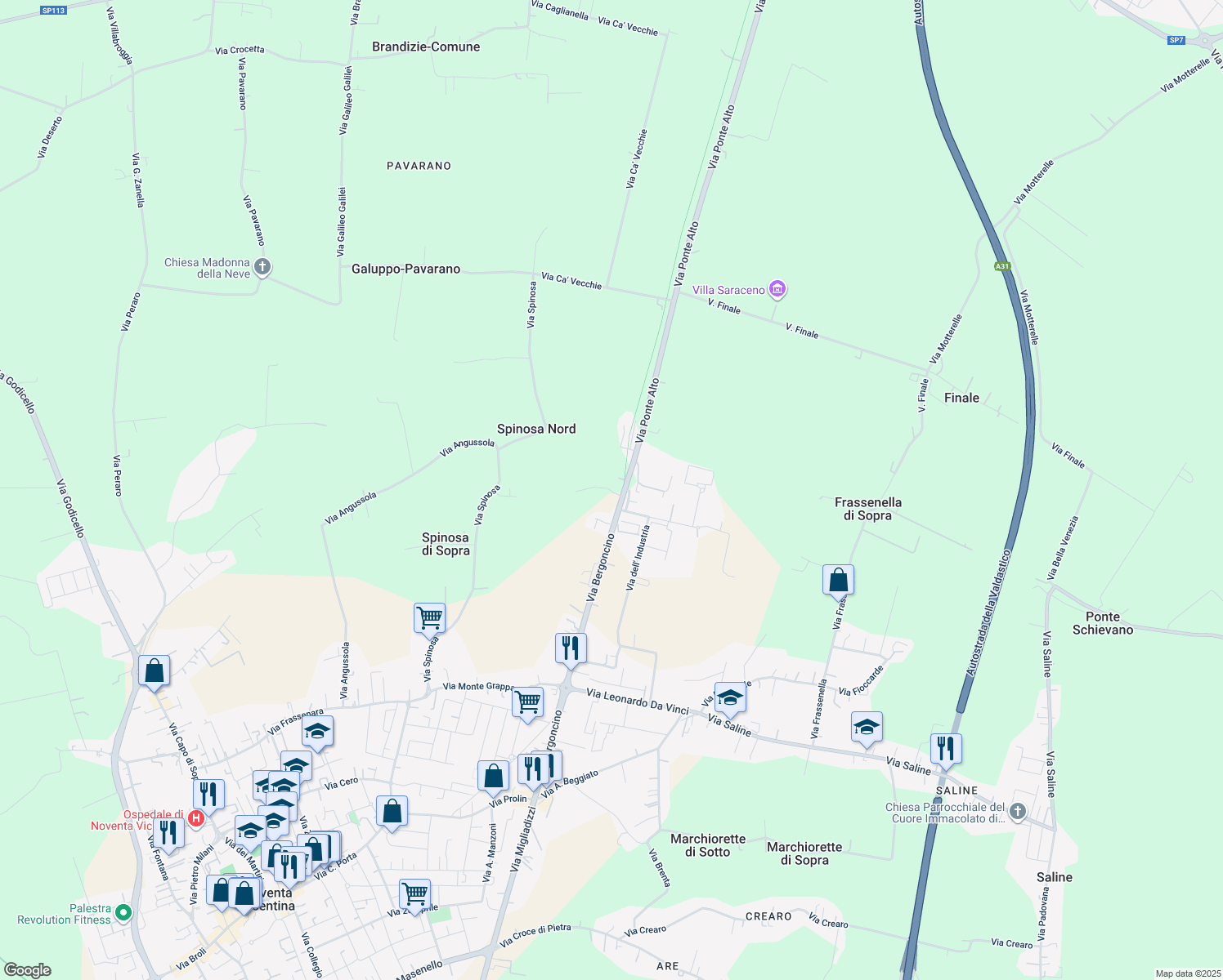 map of restaurants, bars, coffee shops, grocery stores, and more near 99 Via Bergoncino in Noventa Vicentina