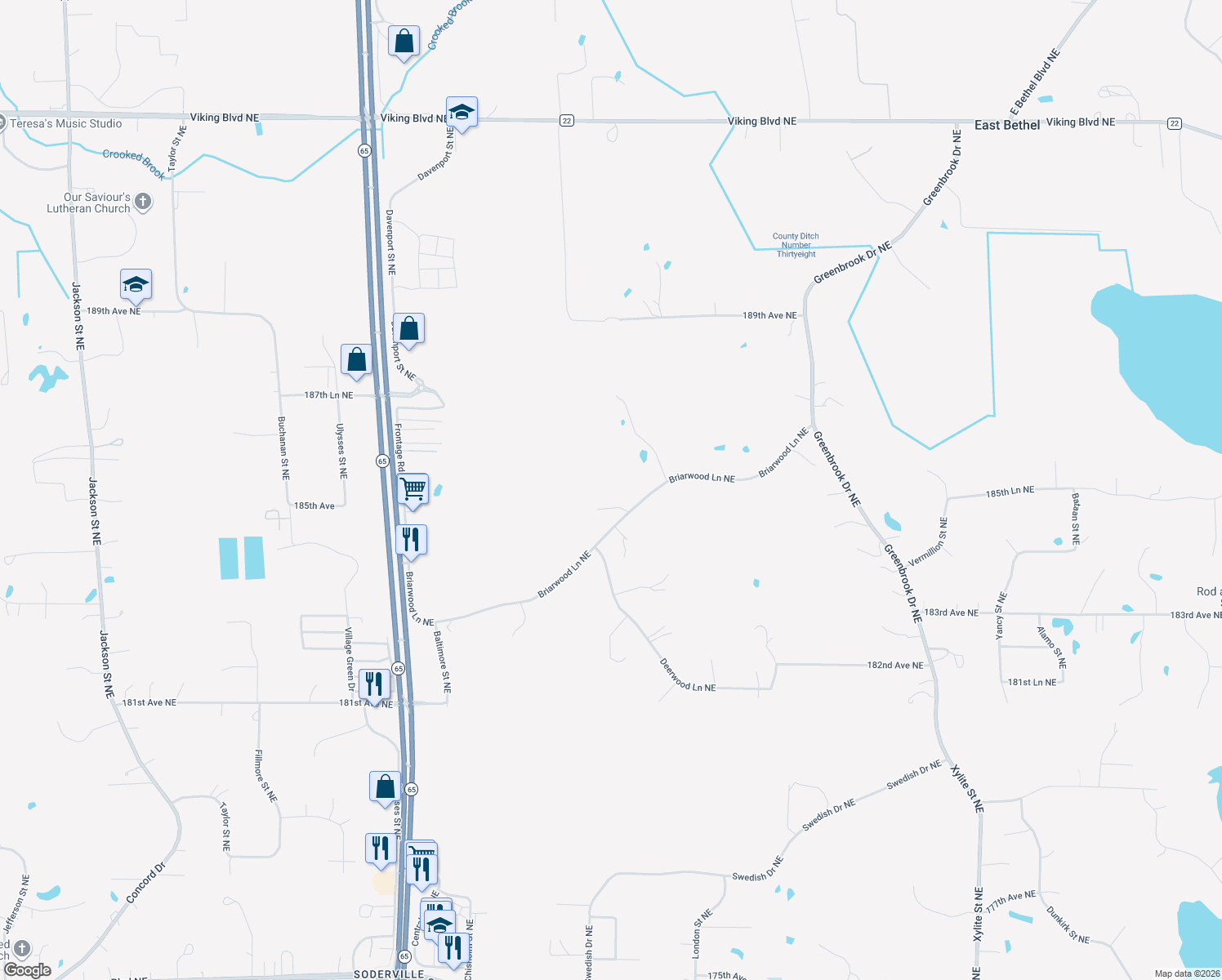 map of restaurants, bars, coffee shops, grocery stores, and more near 1925 Briarwood Ln NE in East Bethel