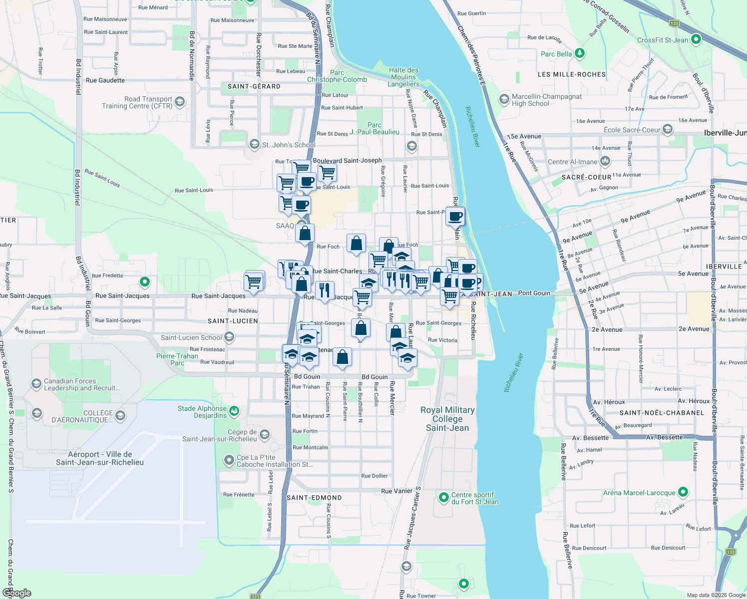 map of restaurants, bars, coffee shops, grocery stores, and more near 244 Rue Saint-Jacques in Saint-Jean-sur-Richelieu