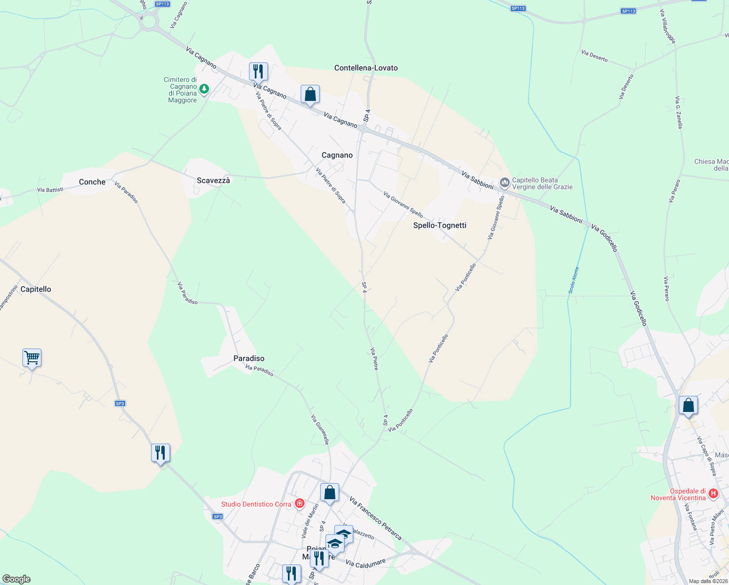 map of restaurants, bars, coffee shops, grocery stores, and more near 40 Via Pietre in Provincia di Vicenza