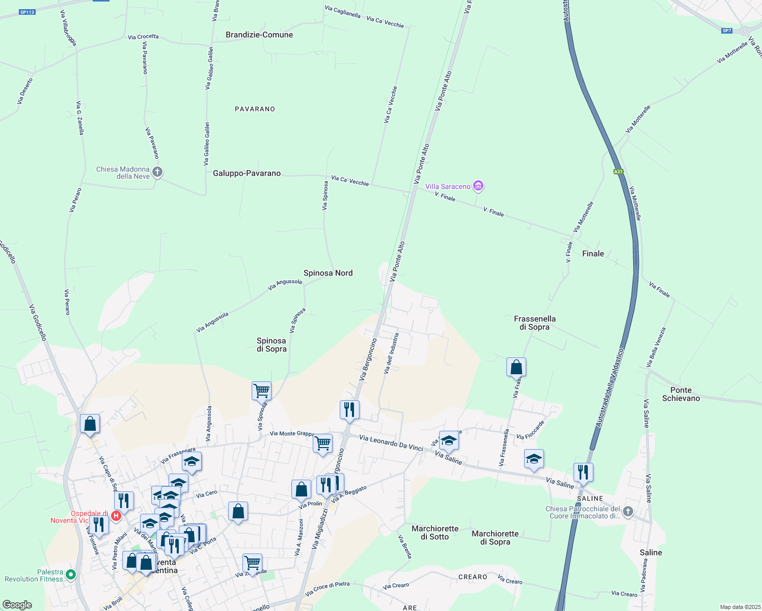 map of restaurants, bars, coffee shops, grocery stores, and more near 99 Via Bergoncino in Noventa Vicentina