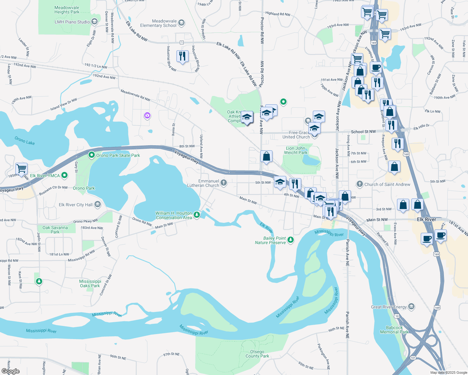 map of restaurants, bars, coffee shops, grocery stores, and more near 421 Rush Avenue Northwest in Elk River