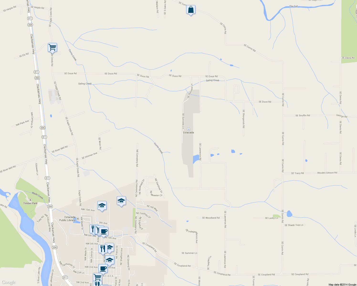 map of restaurants, bars, coffee shops, grocery stores, and more near 29689 Southeast Sunview Lane in Estacada