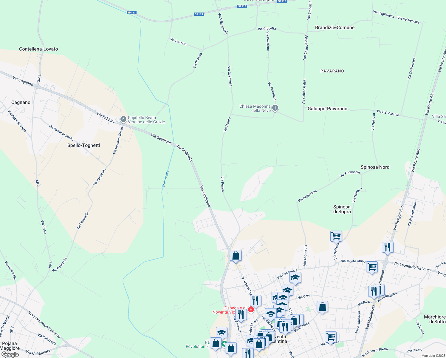 map of restaurants, bars, coffee shops, grocery stores, and more near 56 Via Peraro in Provincia di Vicenza
