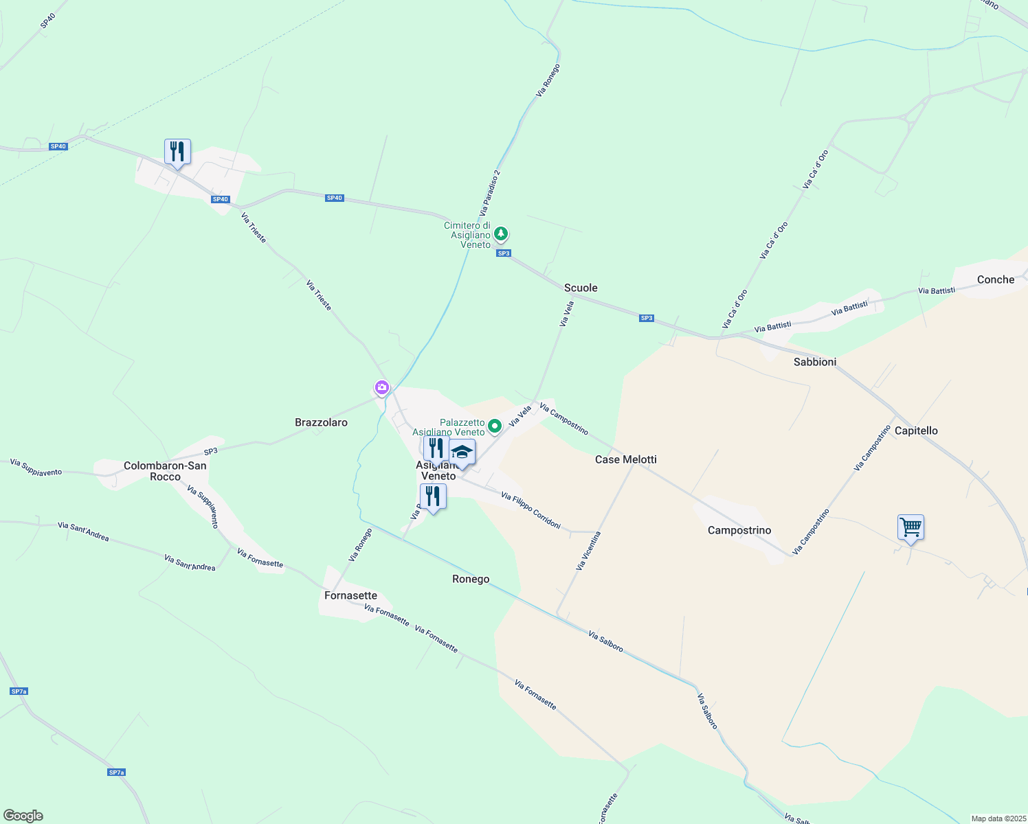 map of restaurants, bars, coffee shops, grocery stores, and more near 29 Via Vela in Asigliano Veneto