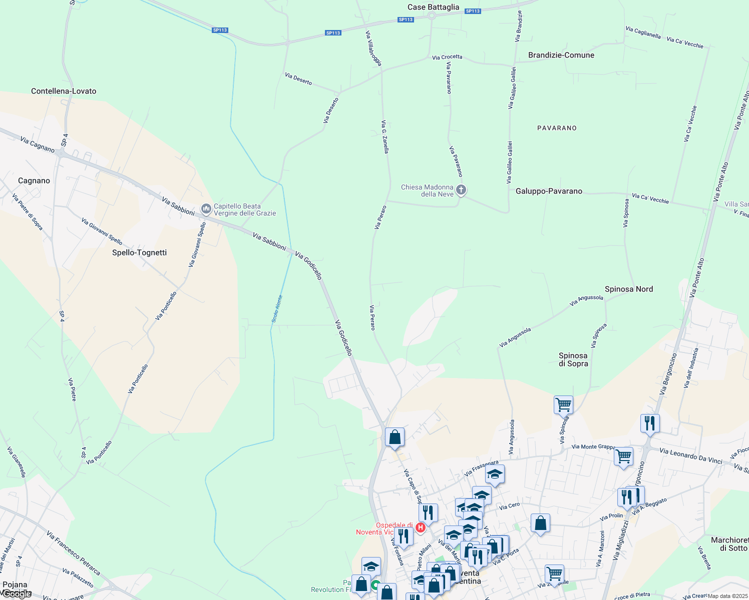 map of restaurants, bars, coffee shops, grocery stores, and more near 56 Via Peraro in Provincia di Vicenza