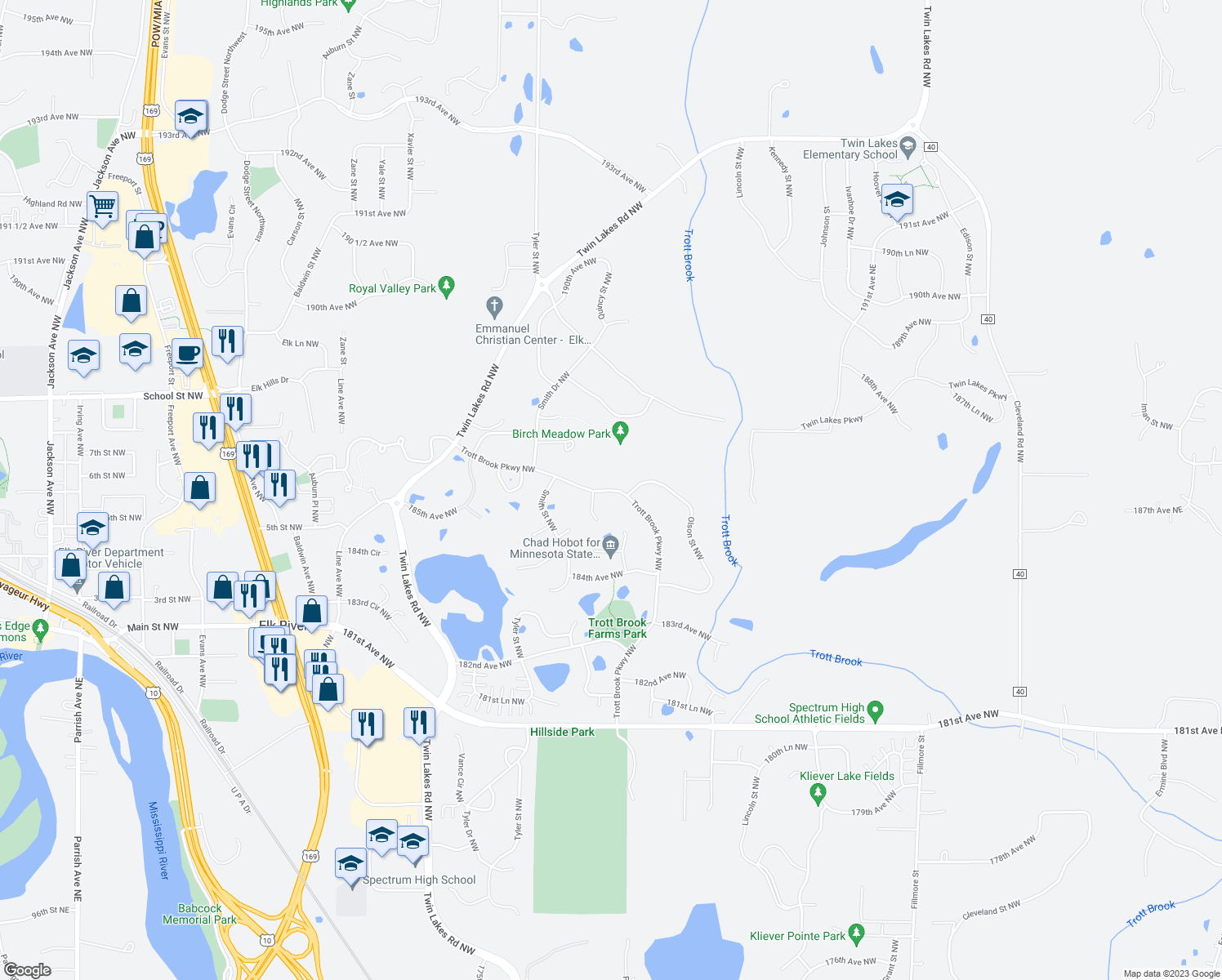 map of restaurants, bars, coffee shops, grocery stores, and more near 18663 Trott Brook Parkway Northwest in Elk River