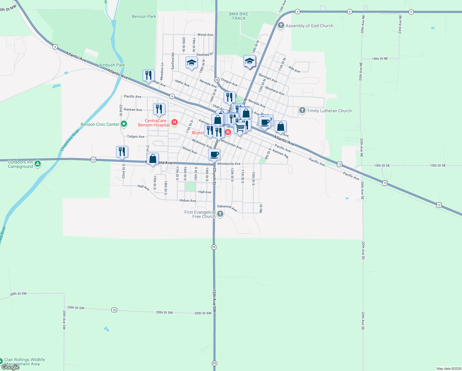 map of restaurants, bars, coffee shops, grocery stores, and more near 728 12th Street South in Benson