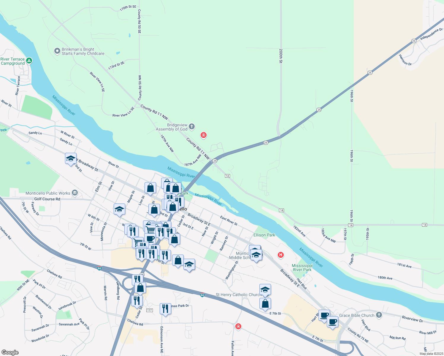 map of restaurants, bars, coffee shops, grocery stores, and more near 20271 County Road 14 in Big Lake