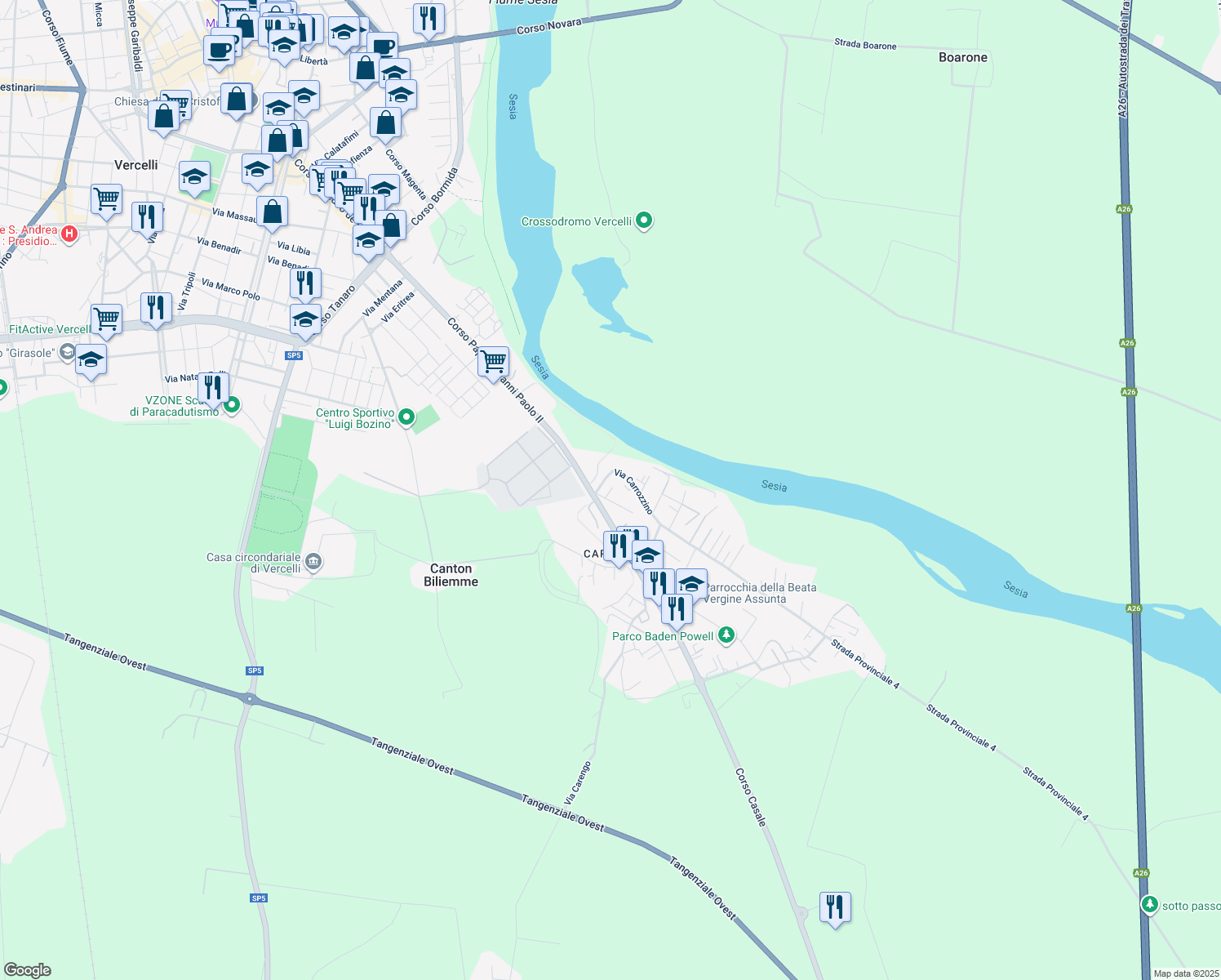 map of restaurants, bars, coffee shops, grocery stores, and more near 36A Via Carrozzino in Vercelli