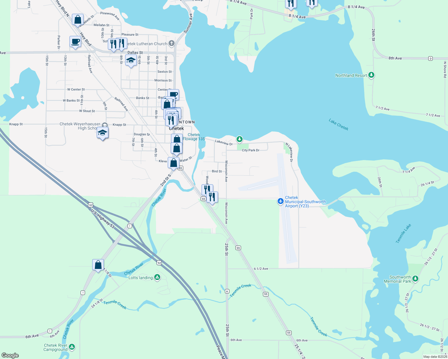 map of restaurants, bars, coffee shops, grocery stores, and more near 223 Wisconsin Ave in Chetek