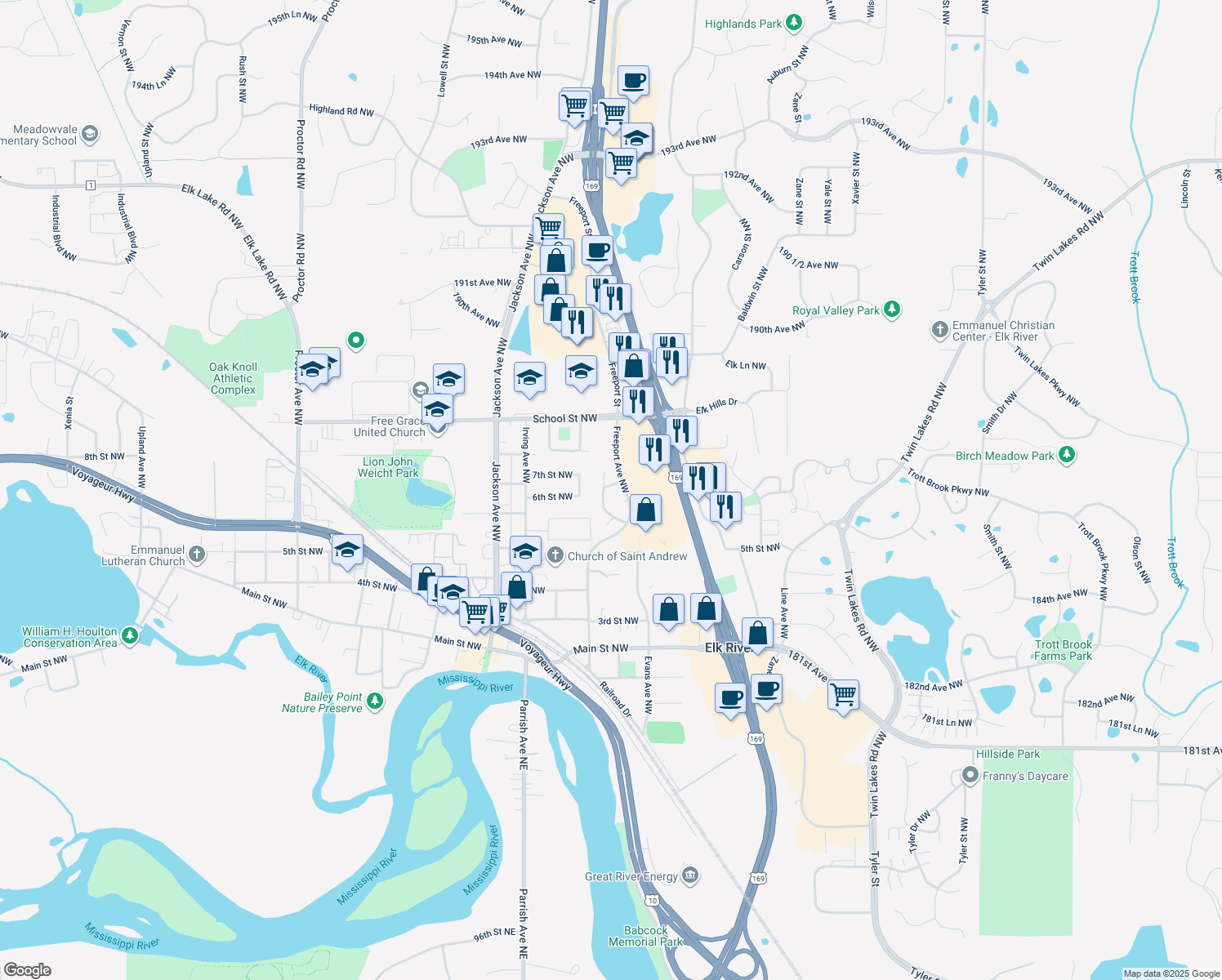 map of restaurants, bars, coffee shops, grocery stores, and more near 618 Jefferson Lane Northwest in Elk River