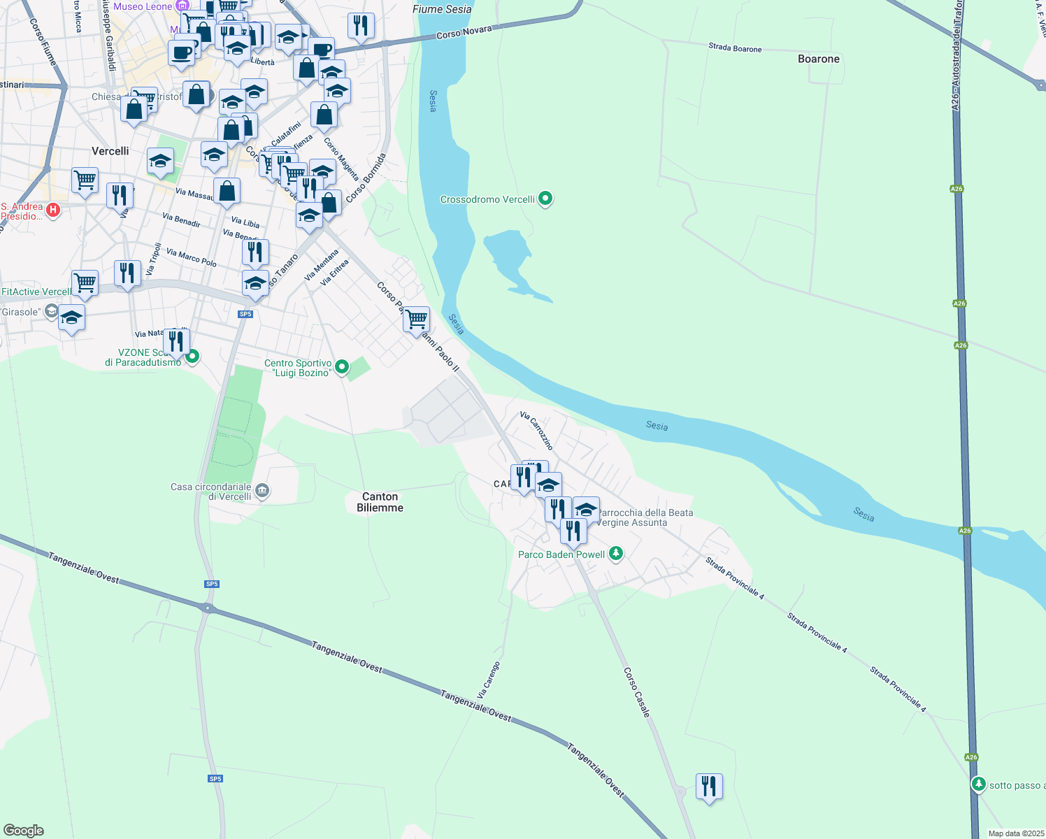 map of restaurants, bars, coffee shops, grocery stores, and more near 36A Via Carrozzino in Vercelli