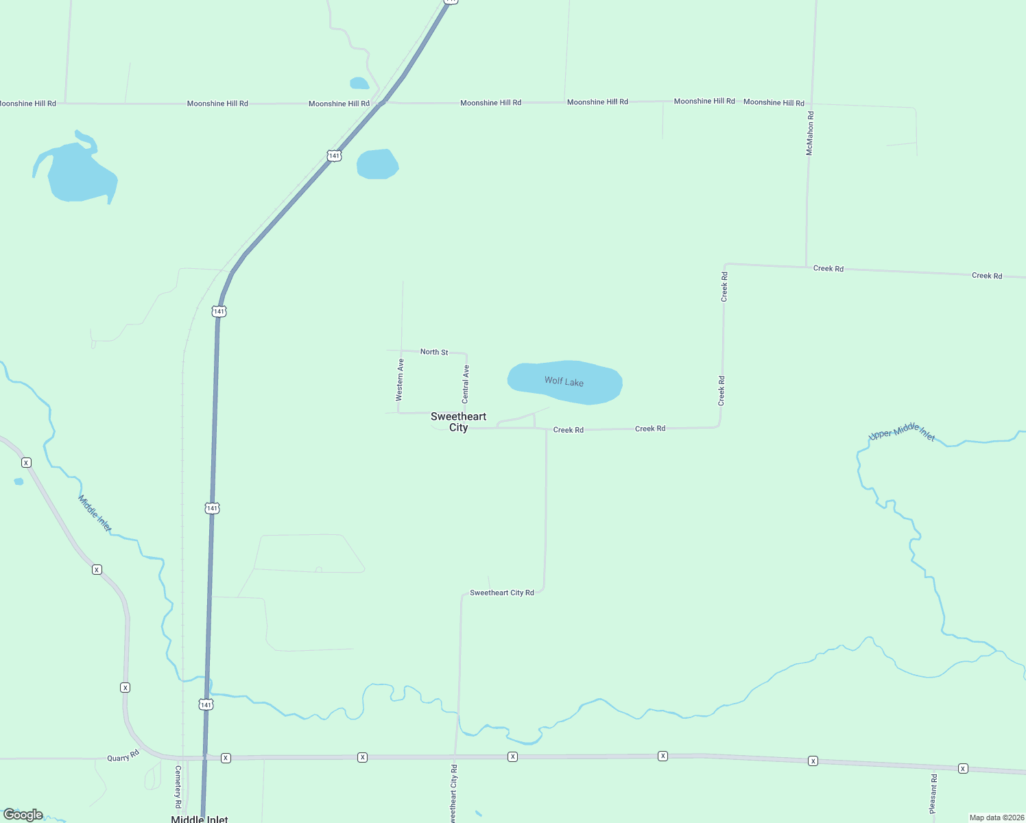 map of restaurants, bars, coffee shops, grocery stores, and more near W7538 Lake Drive in Wausaukee