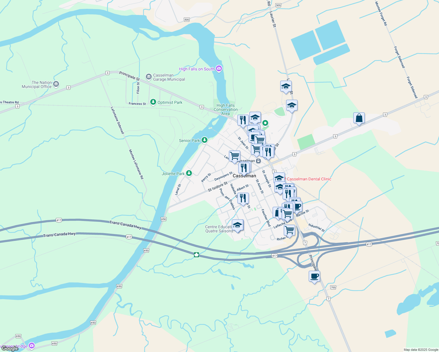 map of restaurants, bars, coffee shops, grocery stores, and more near 26 Desnoyers Street in Casselman