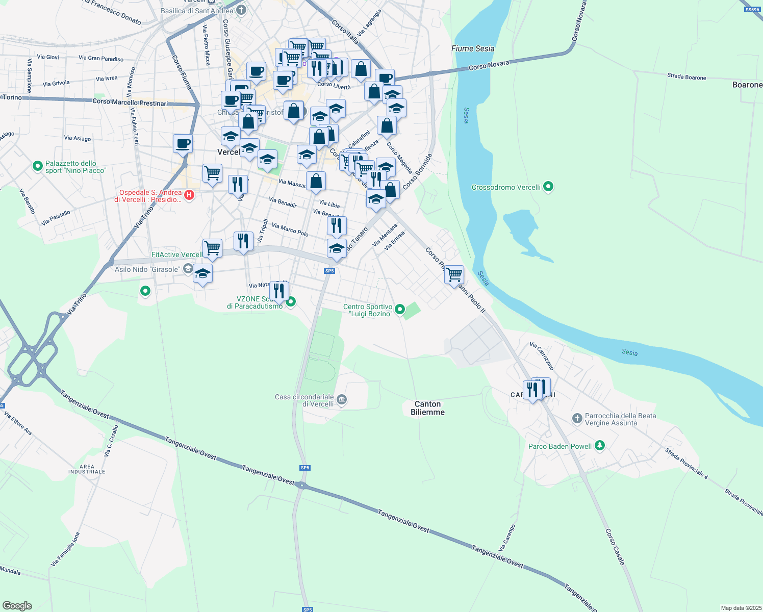 map of restaurants, bars, coffee shops, grocery stores, and more near Via Montebello in Vercelli