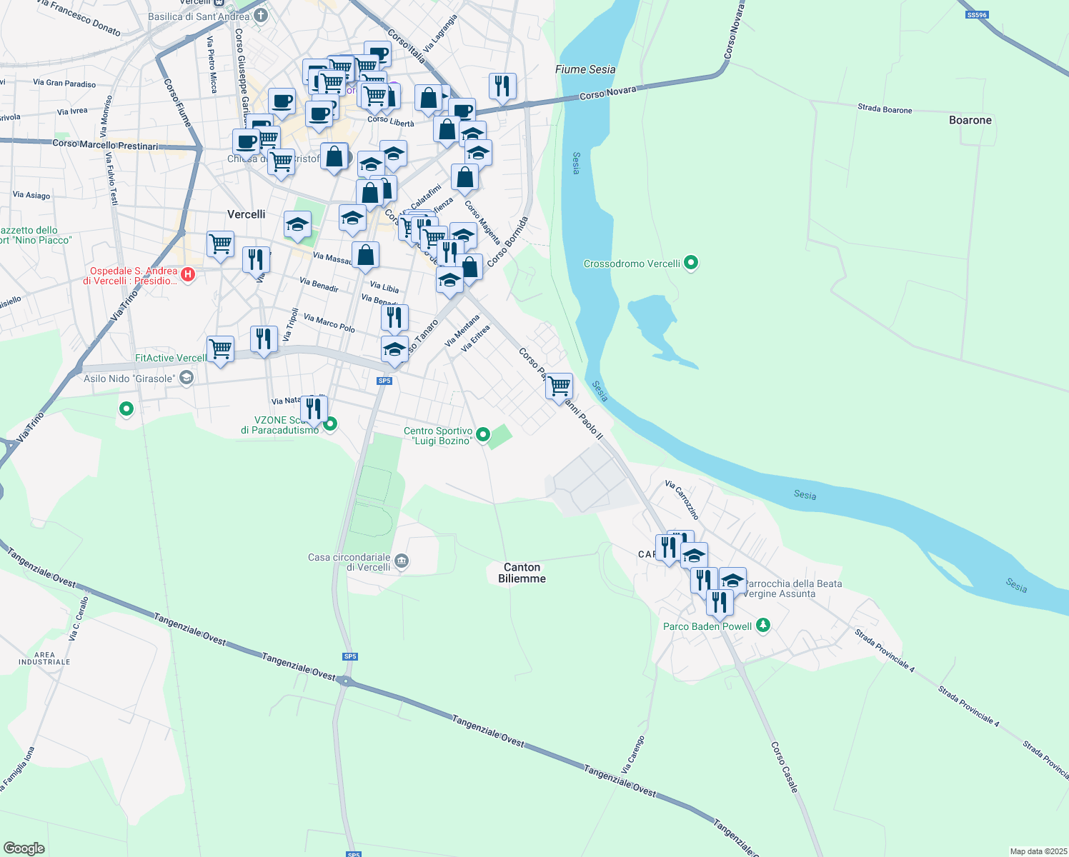 map of restaurants, bars, coffee shops, grocery stores, and more near Via Montebello in Vercelli