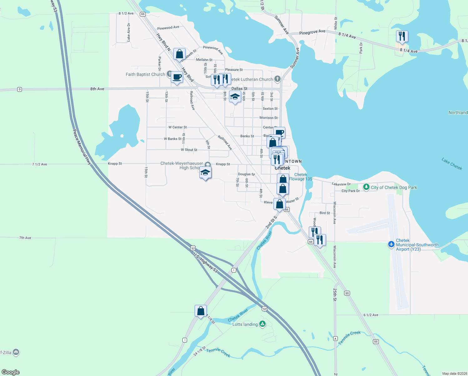 map of restaurants, bars, coffee shops, grocery stores, and more near 319 7th Street in Chetek