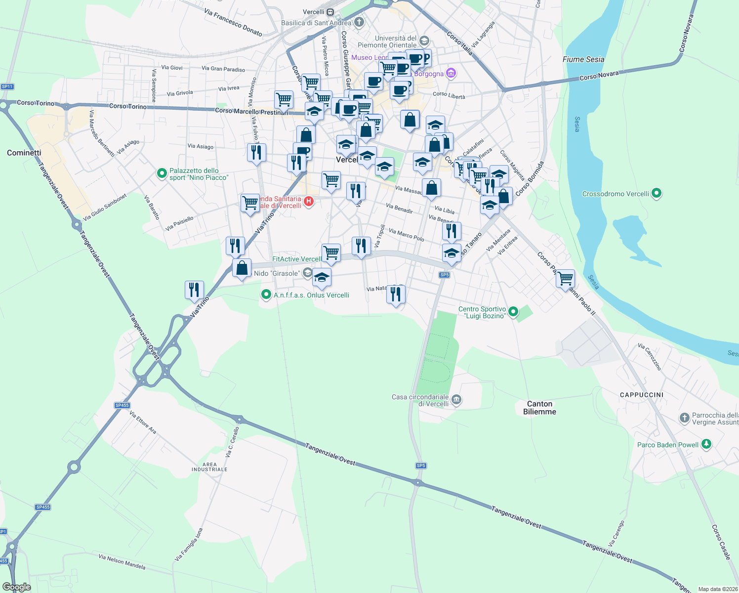 map of restaurants, bars, coffee shops, grocery stores, and more near 67 Corso XXVI Aprile in Vercelli