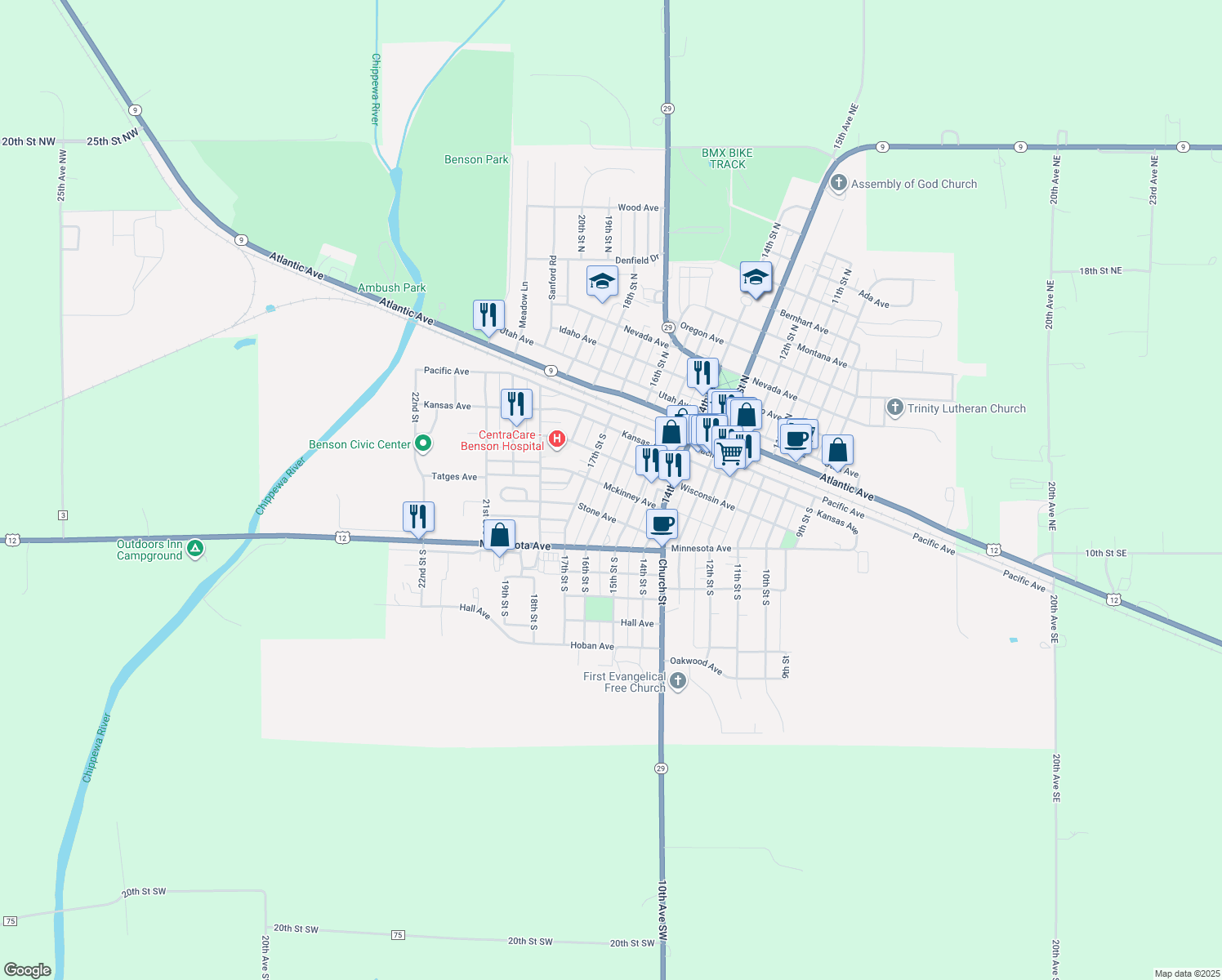 map of restaurants, bars, coffee shops, grocery stores, and more near 405 16th Street South in Benson