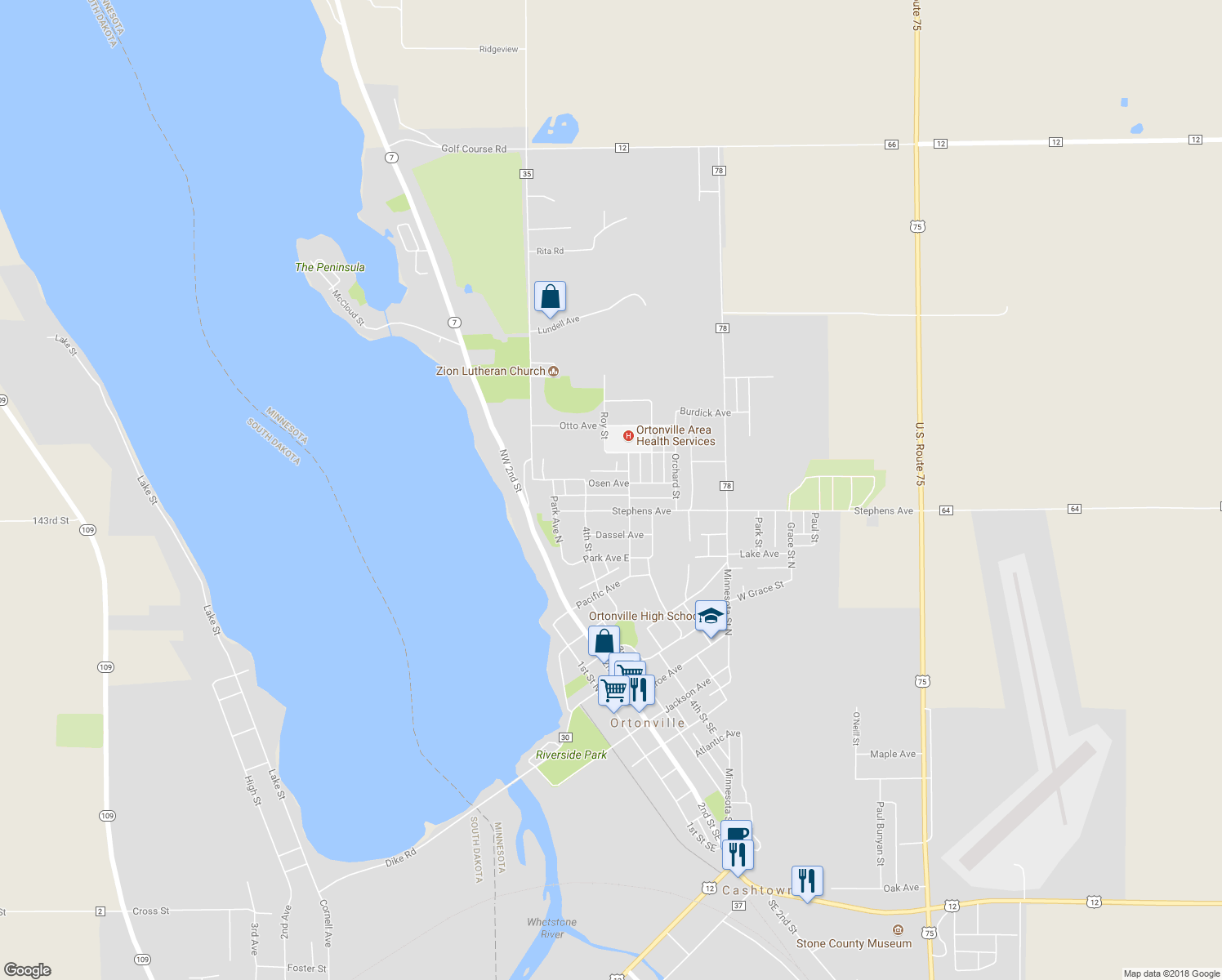 map of restaurants, bars, coffee shops, grocery stores, and more near 424 Osen Avenue in Ortonville