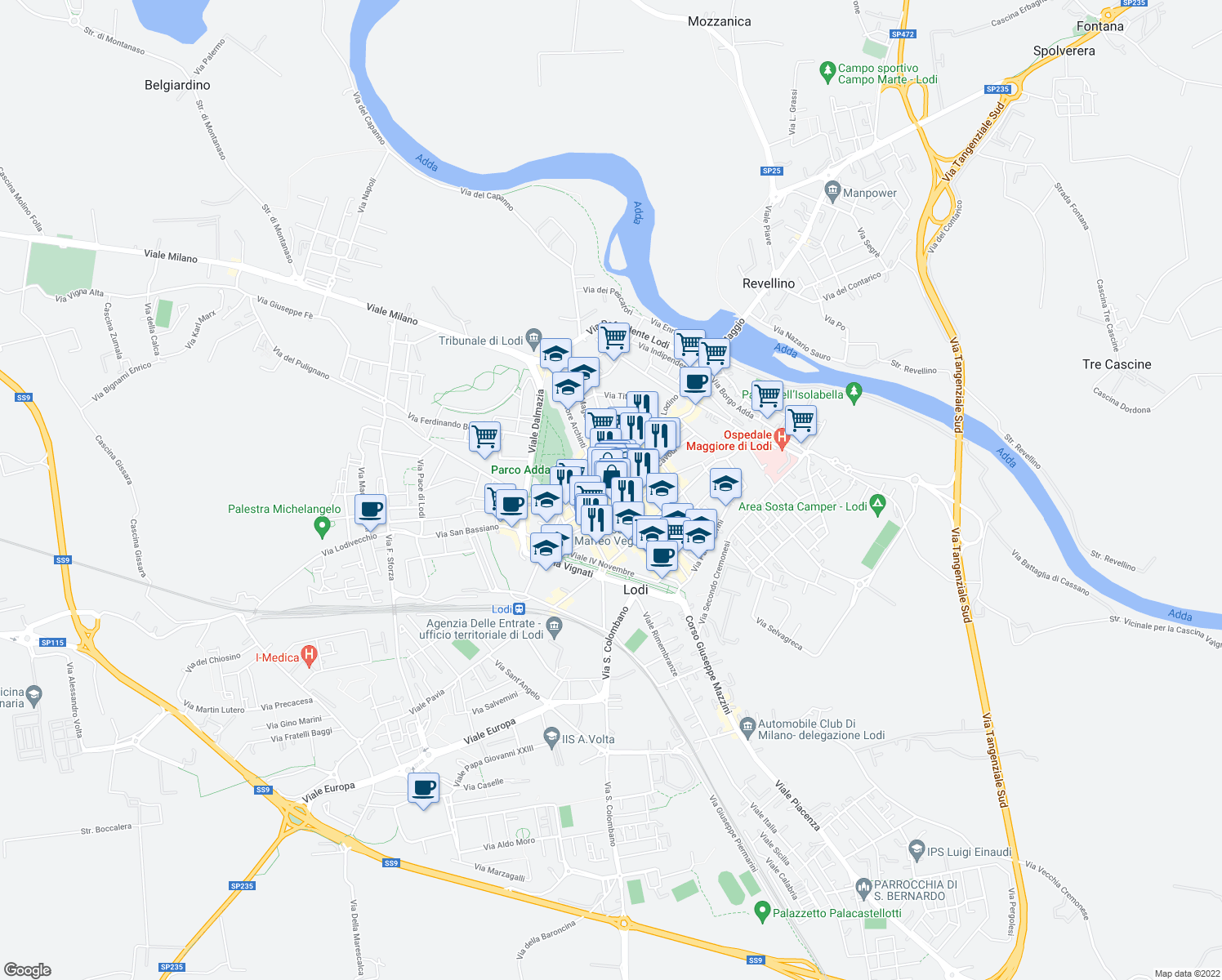 map of restaurants, bars, coffee shops, grocery stores, and more near 3 Via Marsala in Lodi