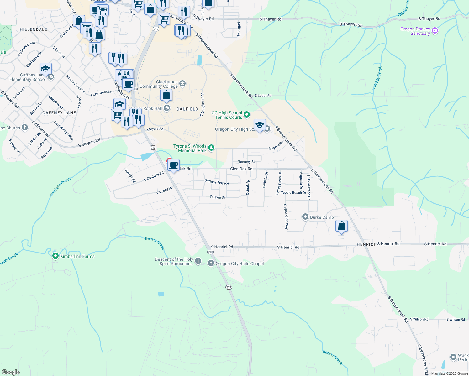 map of restaurants, bars, coffee shops, grocery stores, and more near 14445 Cambria Terrace in Oregon City