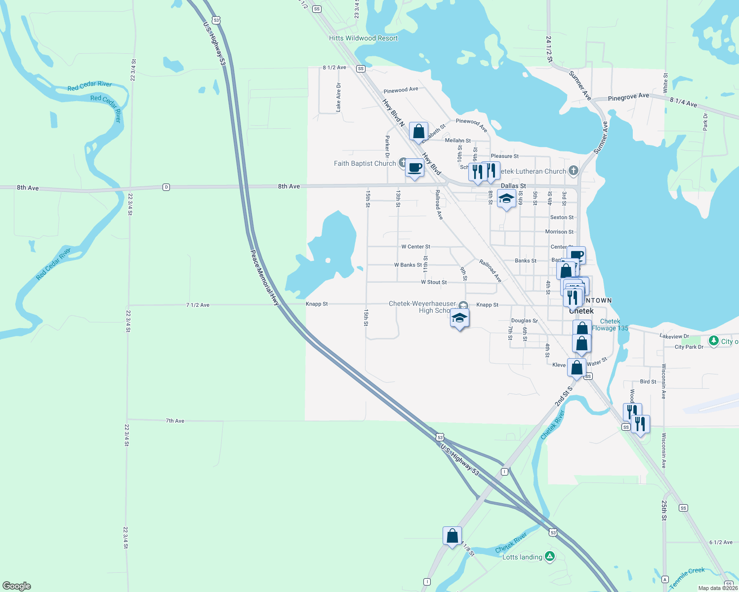 map of restaurants, bars, coffee shops, grocery stores, and more near 1358 Knapp Street in Chetek