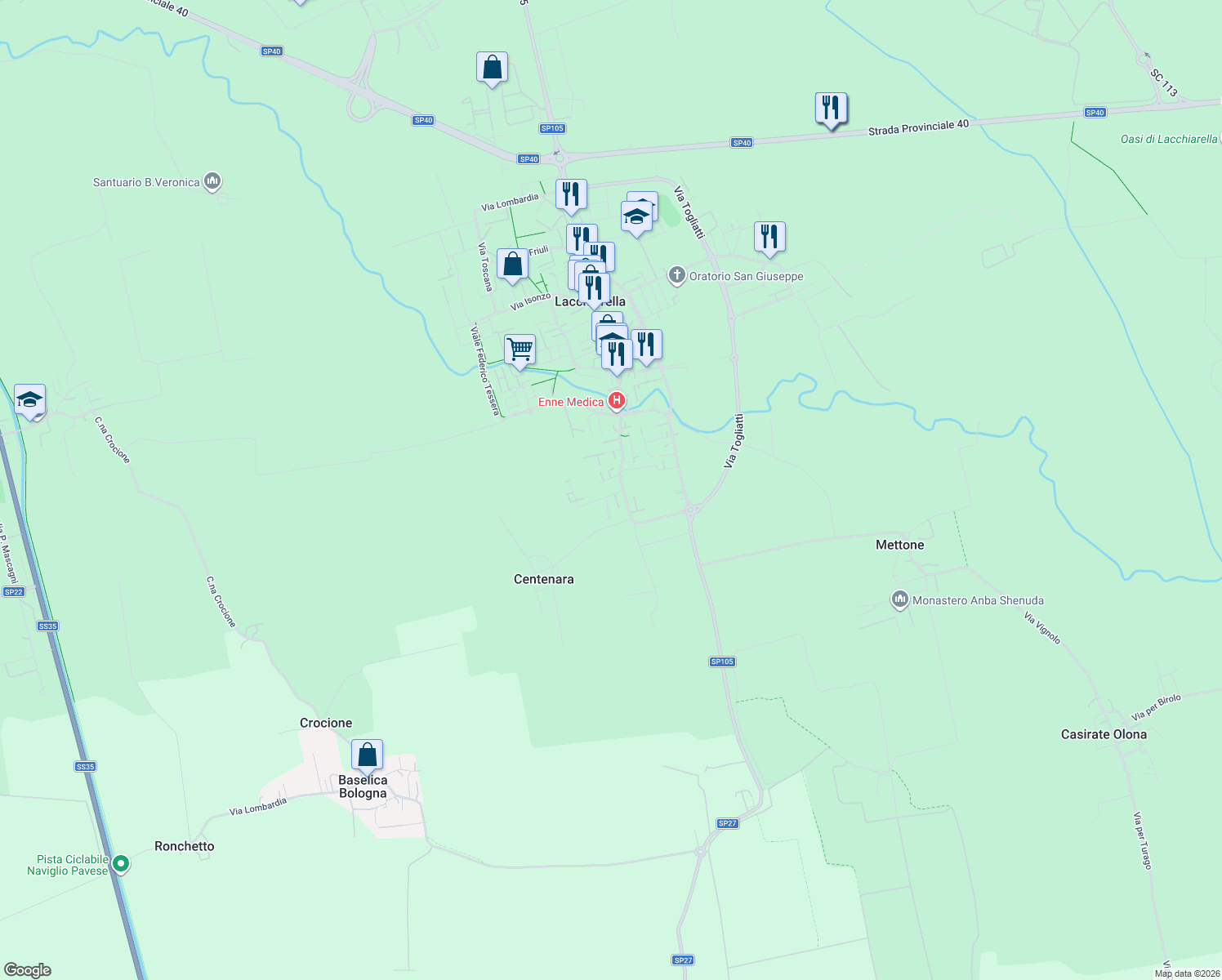 map of restaurants, bars, coffee shops, grocery stores, and more near 4 Vía Vincenzo Bellini in Lacchiarella