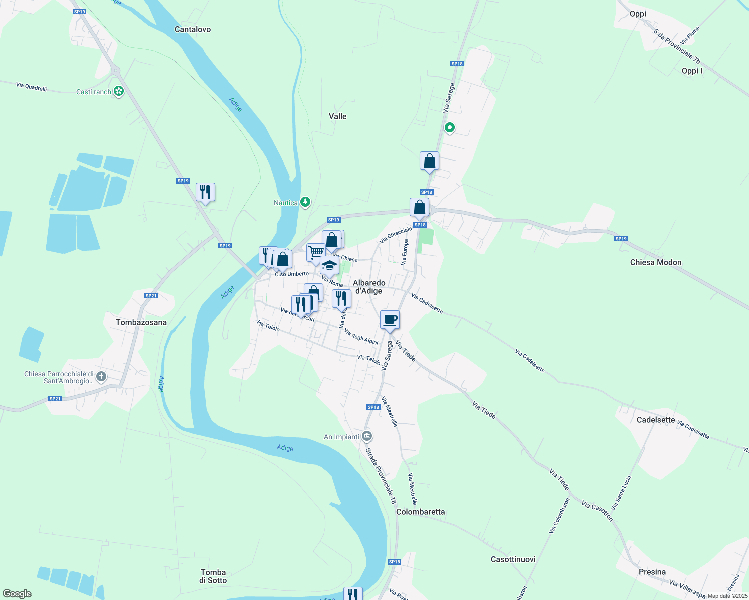 map of restaurants, bars, coffee shops, grocery stores, and more near 13 Via Ponte Asse in Albaredo D'adige