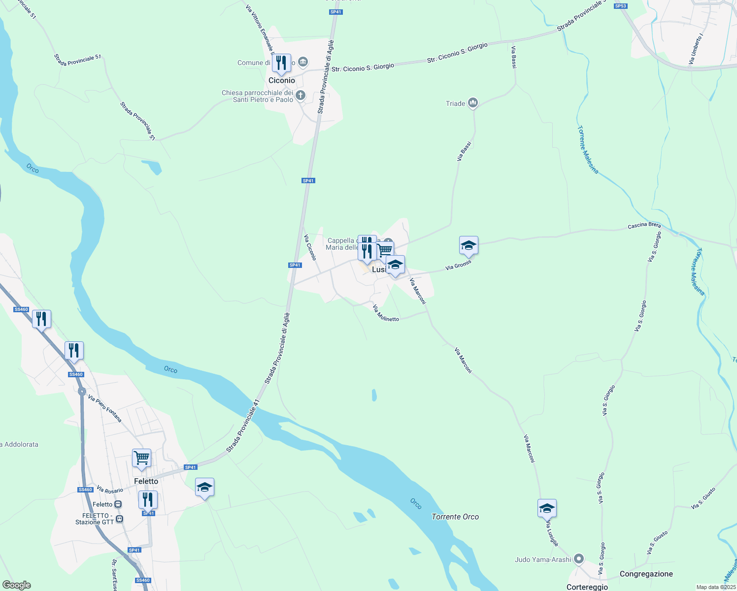 map of restaurants, bars, coffee shops, grocery stores, and more near 14 Via Roma in Lusigliè