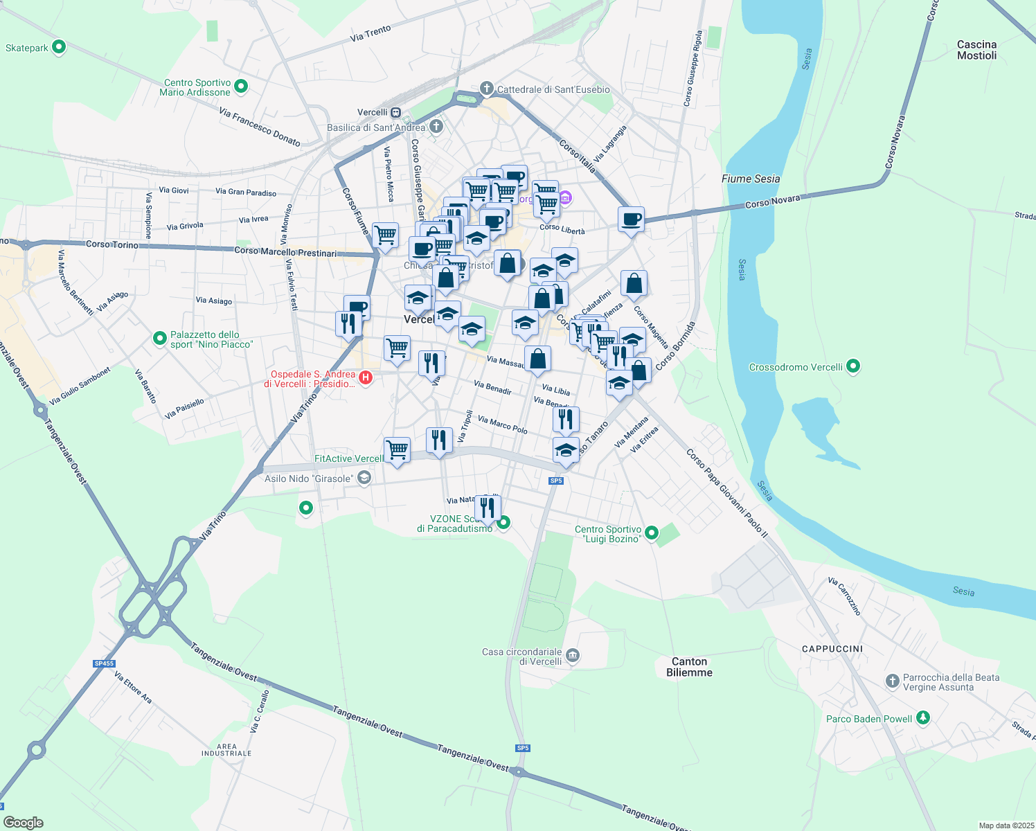 map of restaurants, bars, coffee shops, grocery stores, and more near 78 Viale Rimembranza in Vercelli
