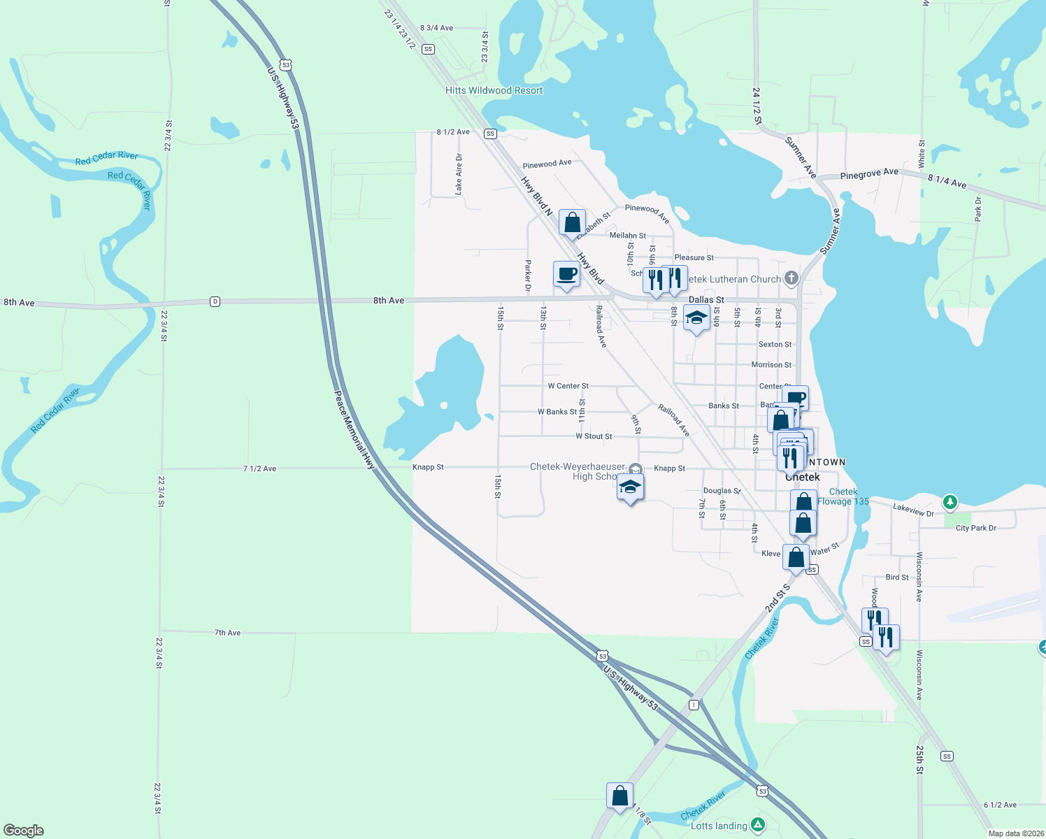 map of restaurants, bars, coffee shops, grocery stores, and more near 1305 W Banks St in Chetek