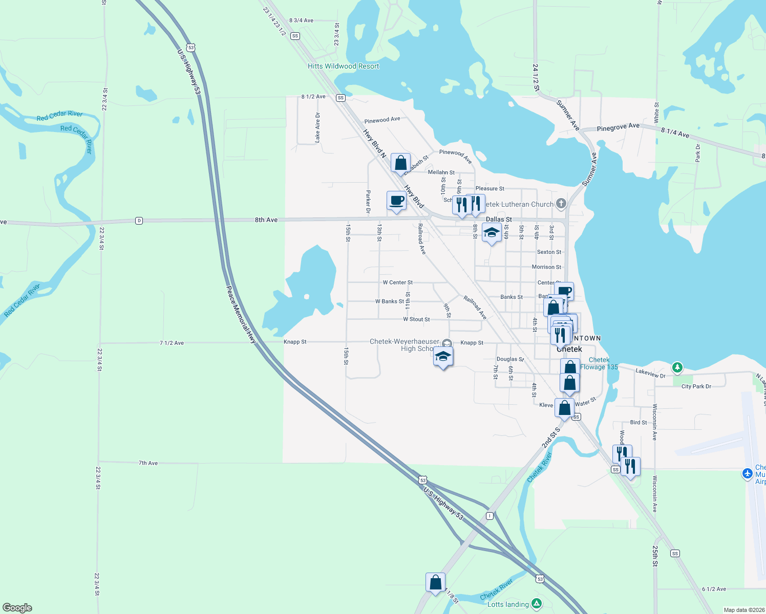 map of restaurants, bars, coffee shops, grocery stores, and more near 820 13th Street in Chetek