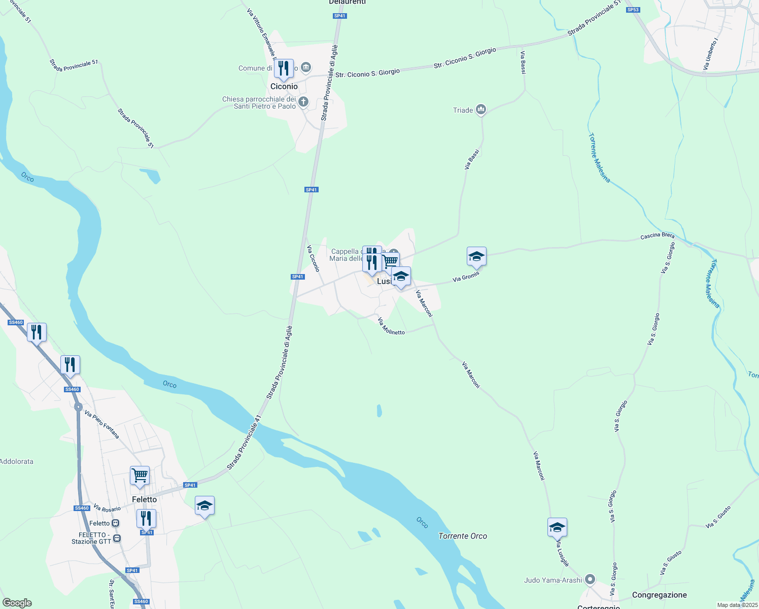 map of restaurants, bars, coffee shops, grocery stores, and more near 14 Via Roma in Lusigliè