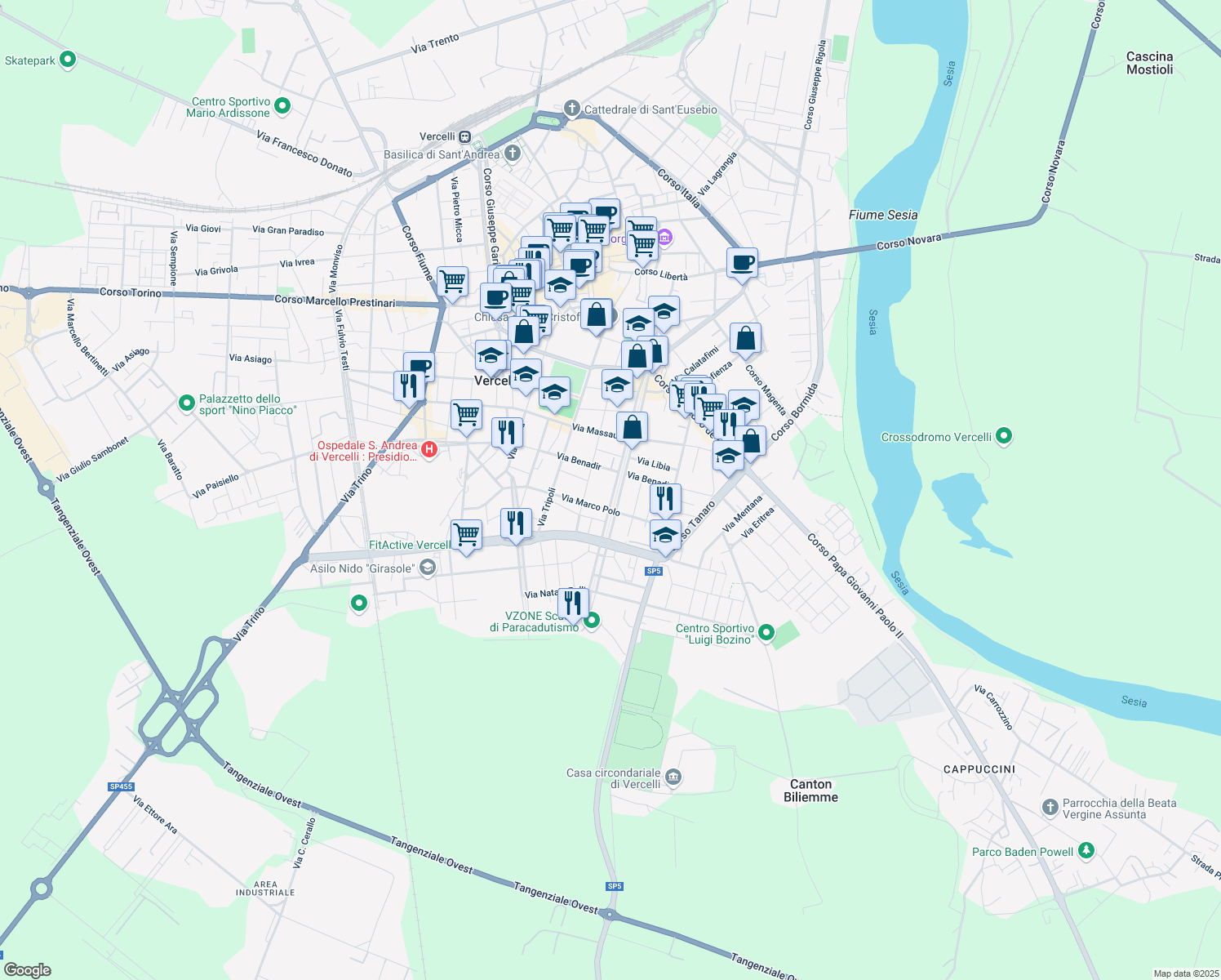 map of restaurants, bars, coffee shops, grocery stores, and more near 78 Viale Rimembranza in Vercelli