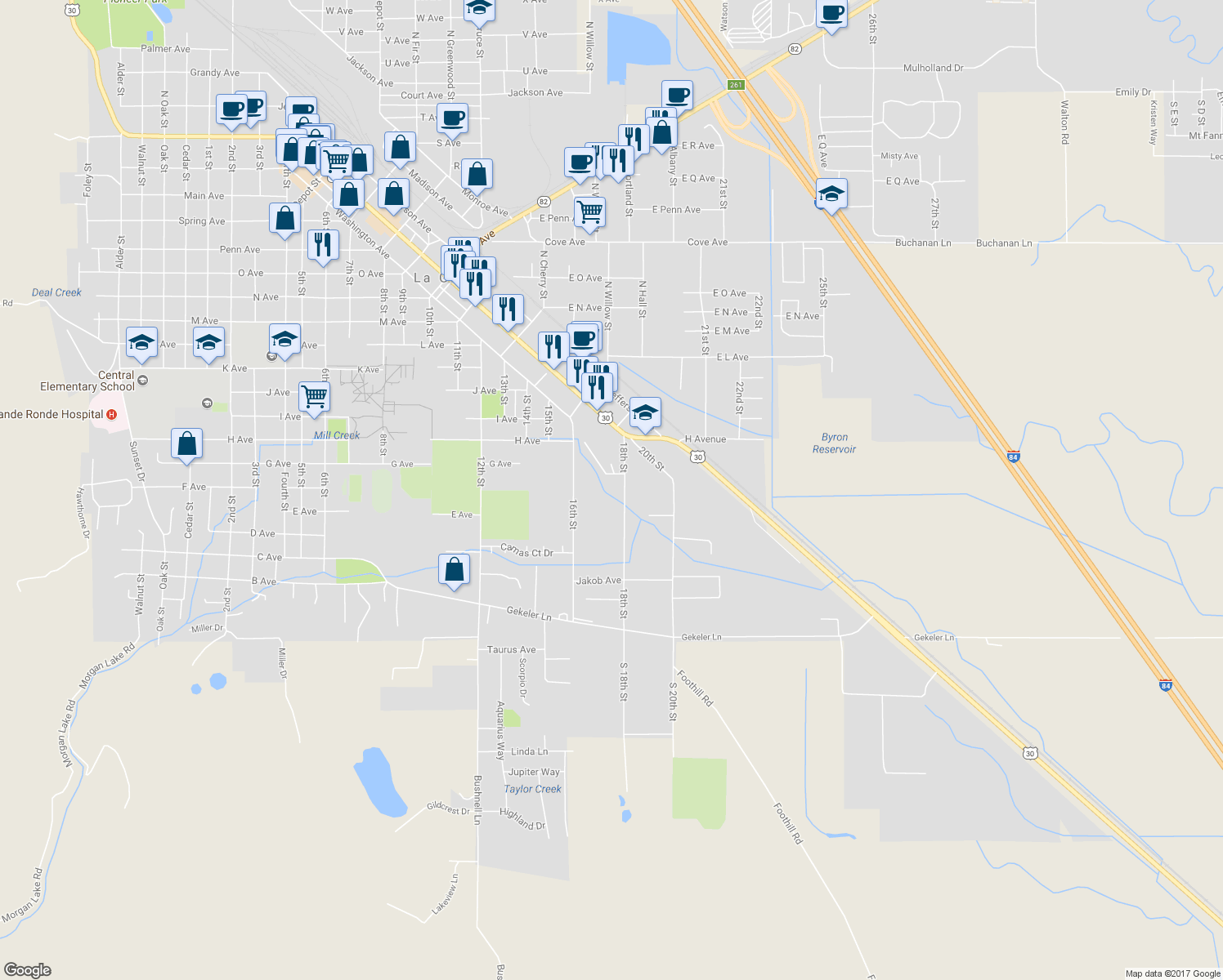 map of restaurants, bars, coffee shops, grocery stores, and more near 604 18th Street in La Grande
