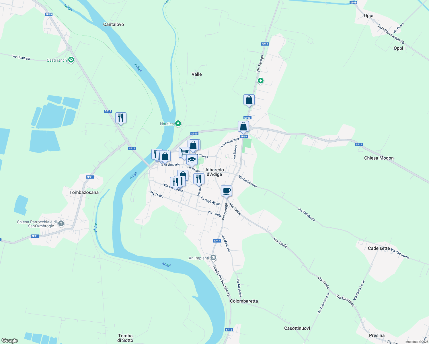 map of restaurants, bars, coffee shops, grocery stores, and more near 13 Via Ponte Asse in Albaredo D'adige