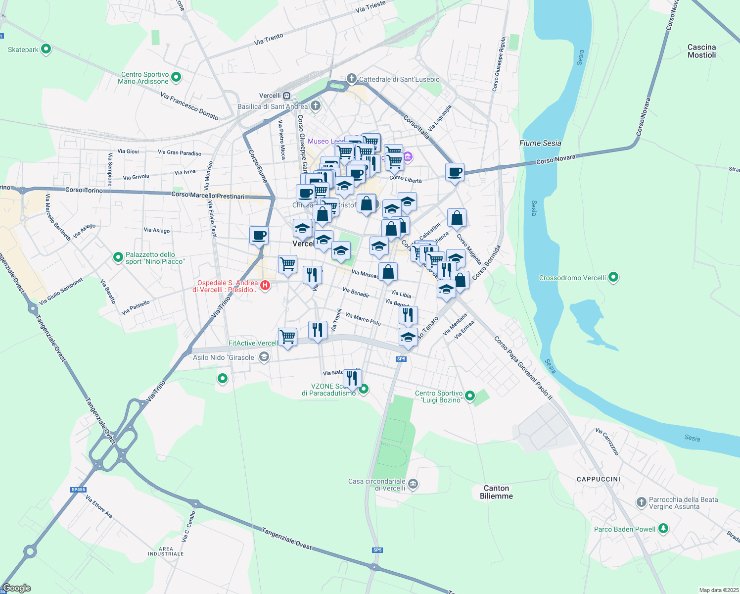 map of restaurants, bars, coffee shops, grocery stores, and more near 2-6 Via Libia in Vercelli