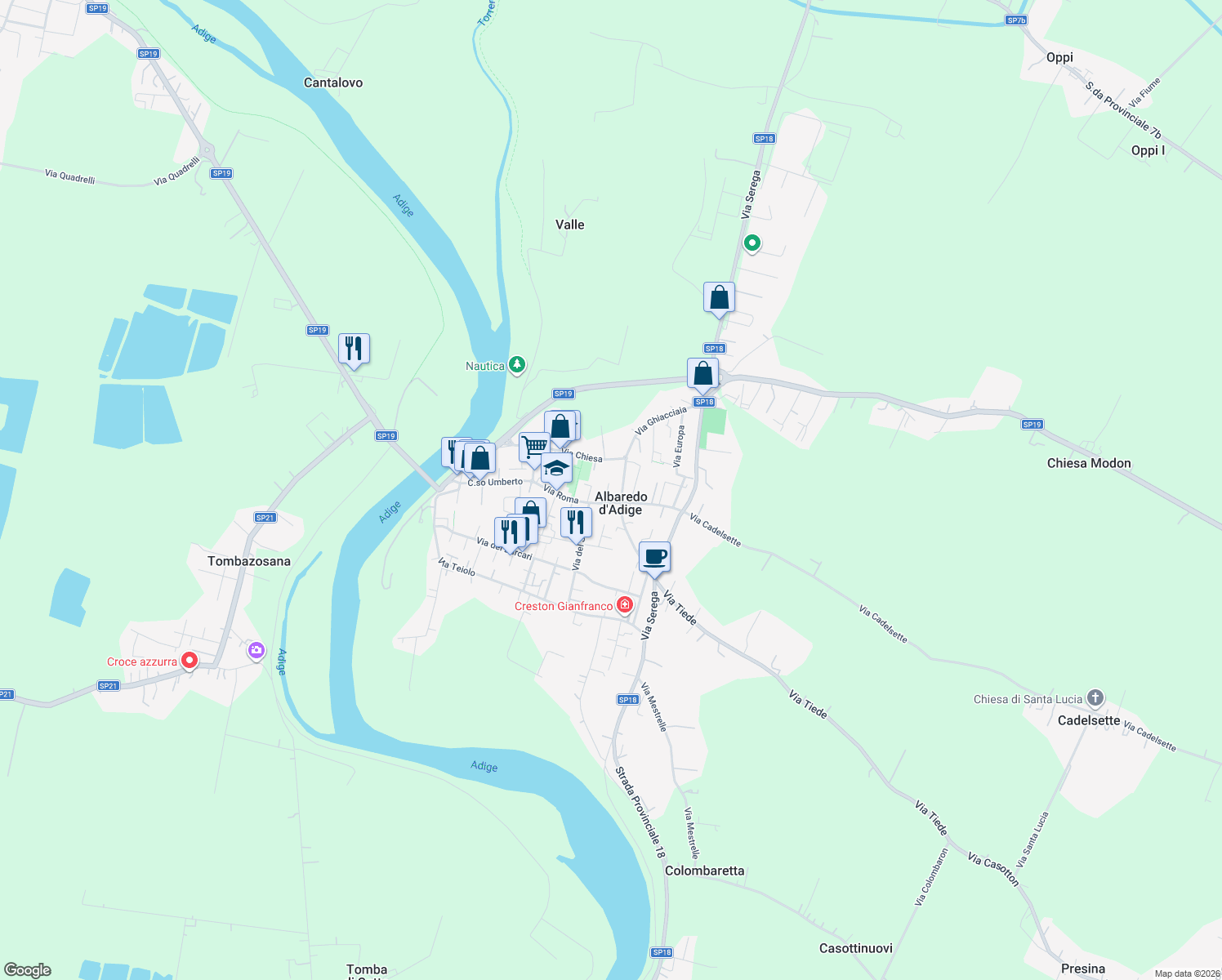 map of restaurants, bars, coffee shops, grocery stores, and more near 6 Via Salvo D'Acquisto in Albaredo D'adige