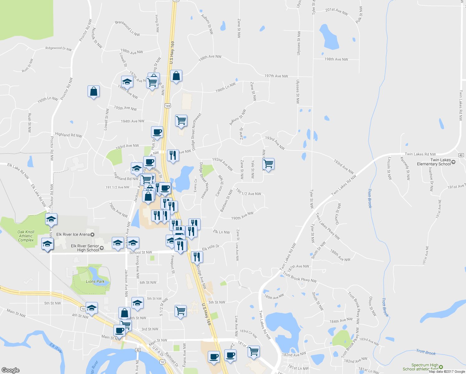 map of restaurants, bars, coffee shops, grocery stores, and more near 19097 Baldwin Street Northwest in Elk River