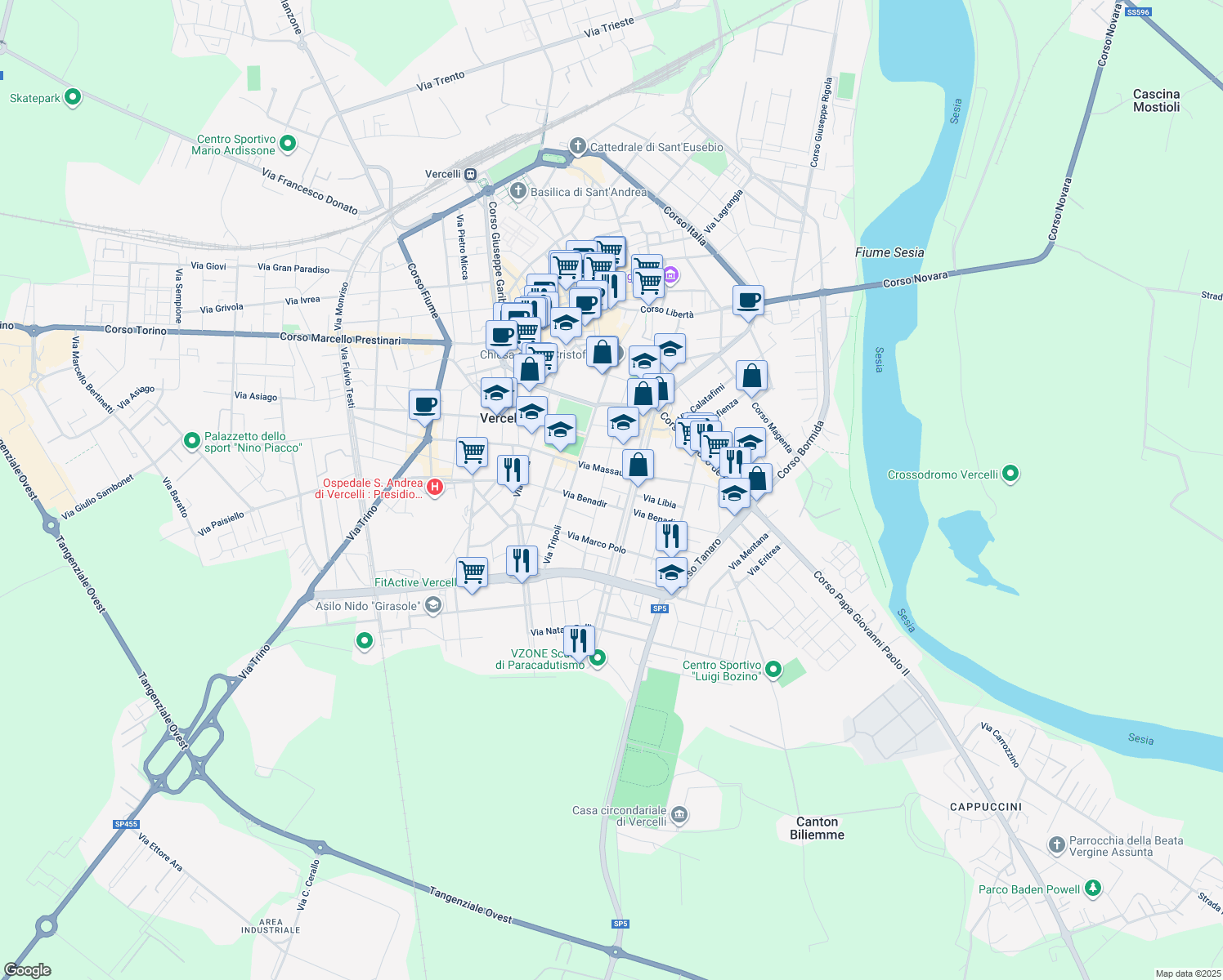 map of restaurants, bars, coffee shops, grocery stores, and more near 6 Via Libia in Vercelli