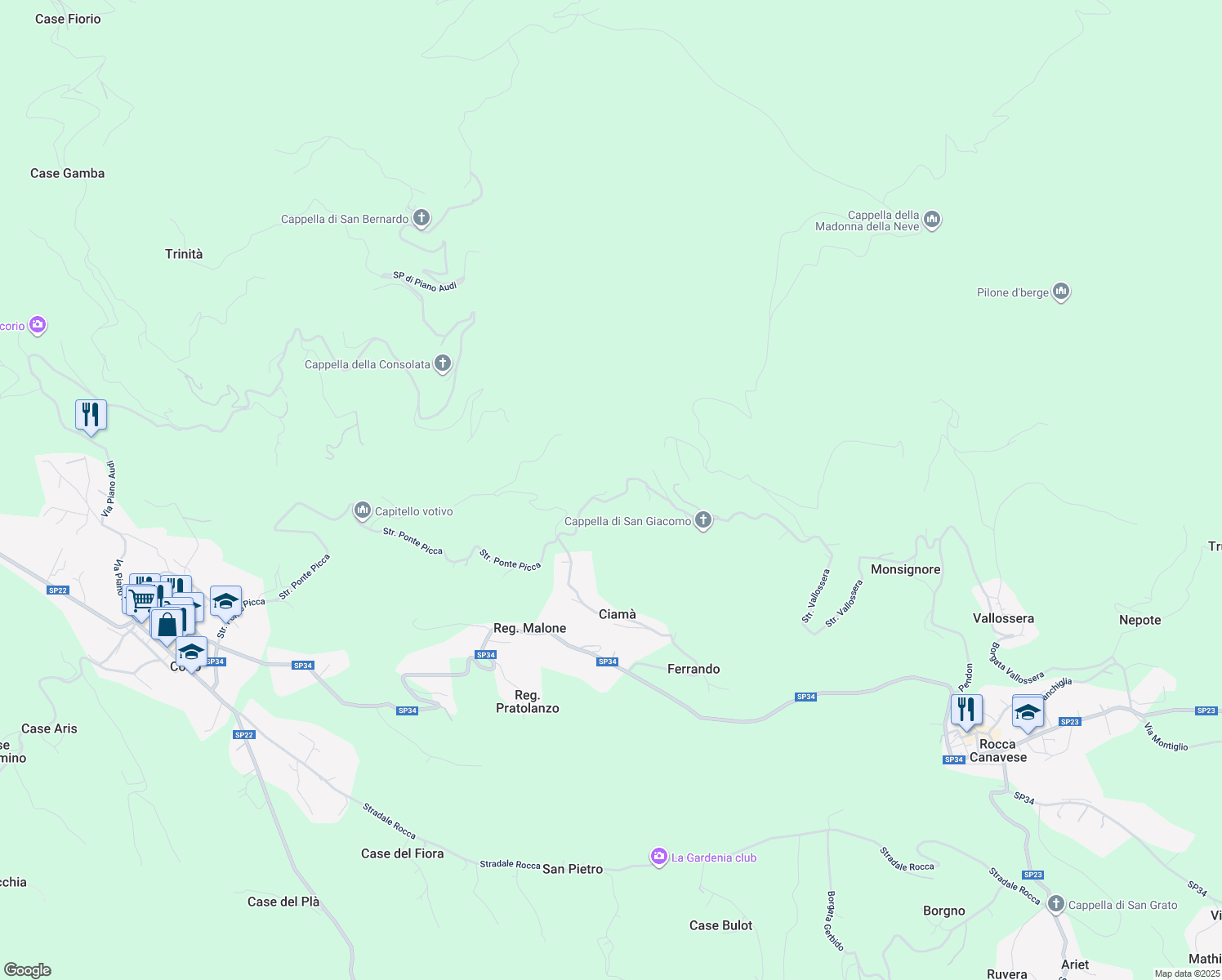 map of restaurants, bars, coffee shops, grocery stores, and more near 20 Località Poma in Città Metropolitana di Torino