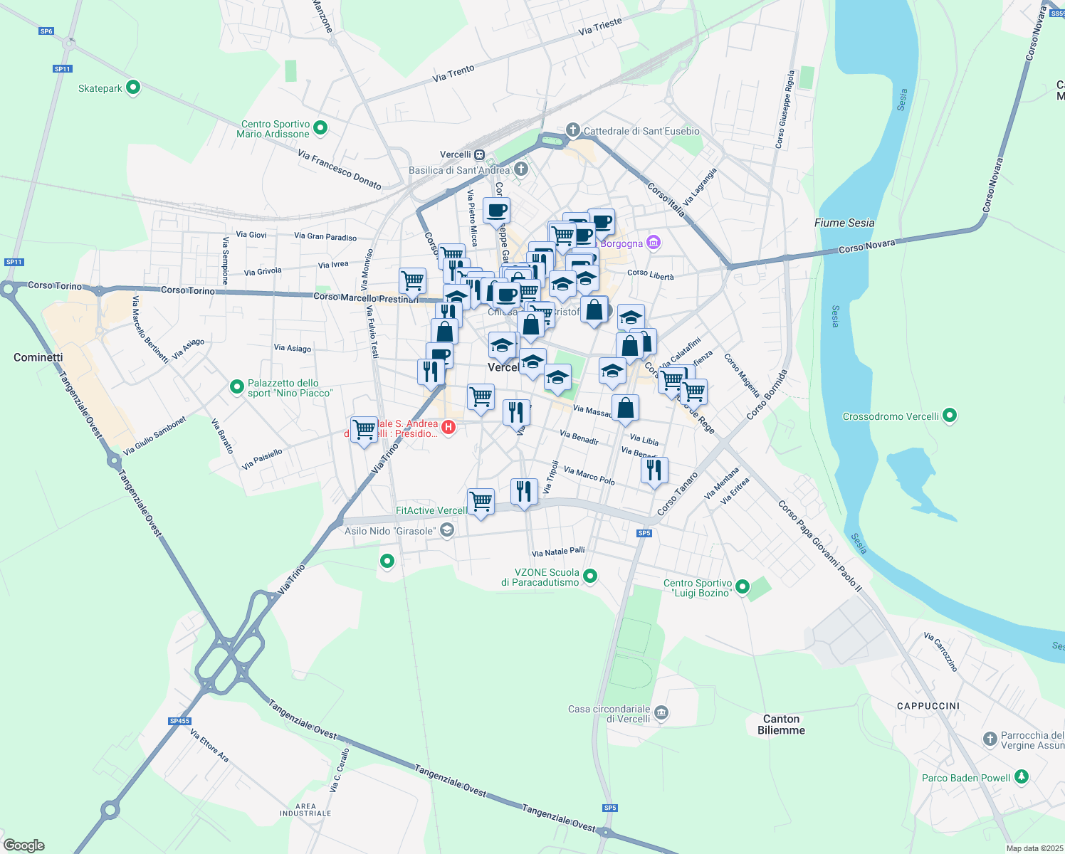 map of restaurants, bars, coffee shops, grocery stores, and more near 6 Via Benadir in Vercelli